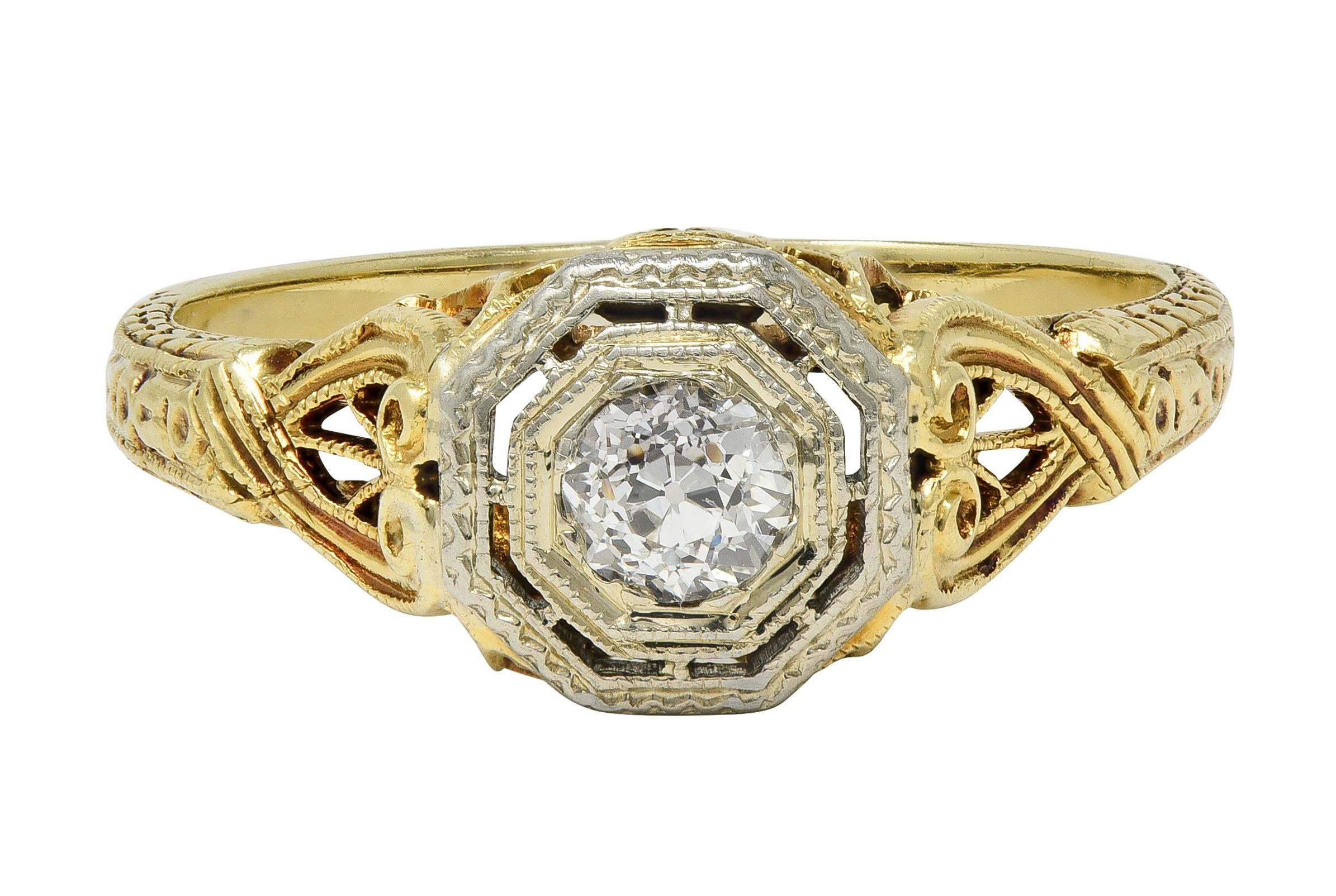 Art Deco Old European Cut Diamond 18K Yellow Gold Antique Heart Engagement Ring