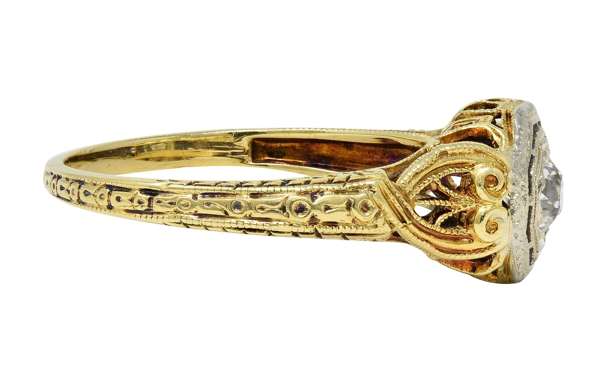 Art Deco Old European Cut Diamond 18K Yellow Gold Antique Heart Engagement Ring