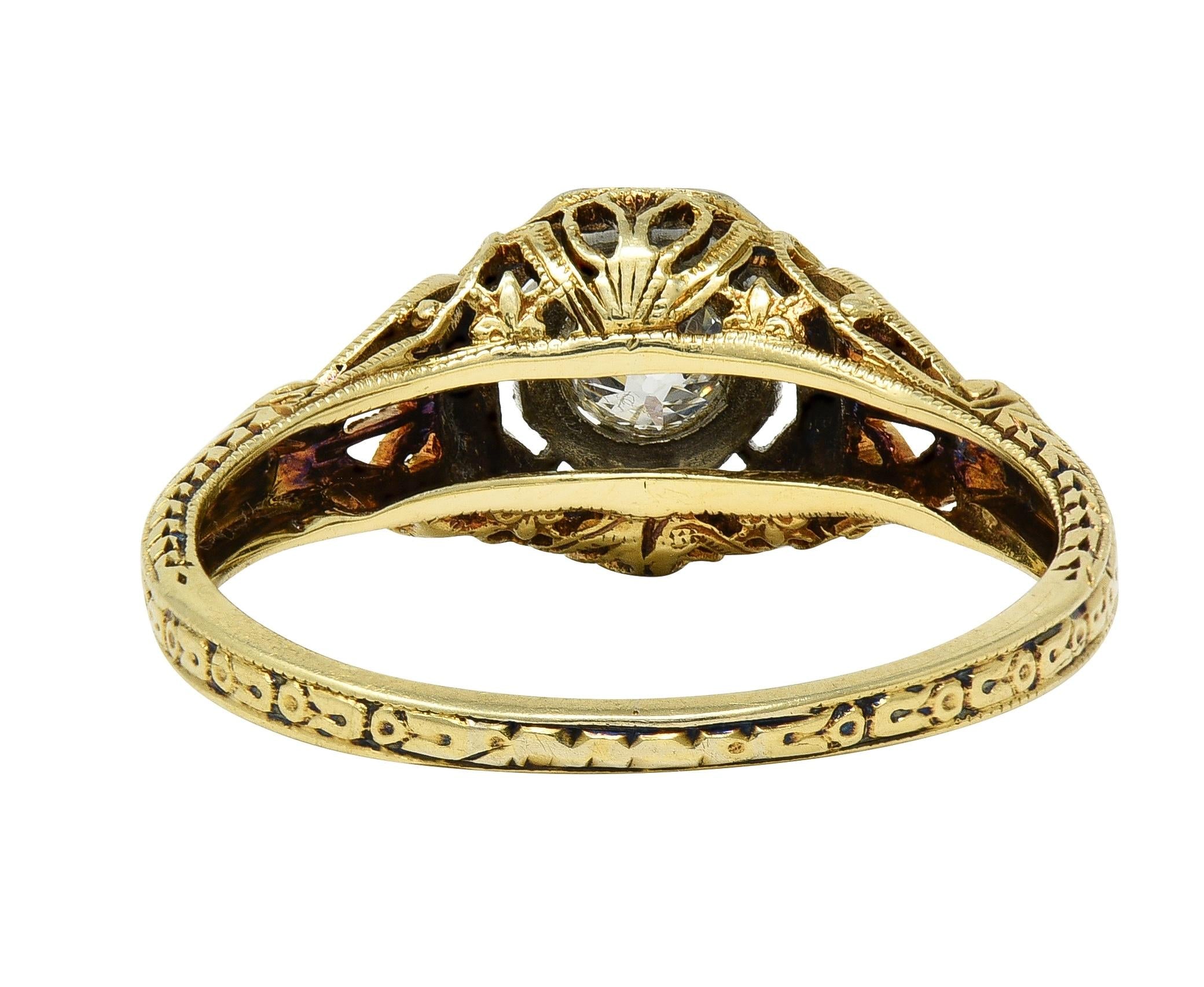 Art Deco Old European Cut Diamond 18K Yellow Gold Antique Heart Engagement Ring