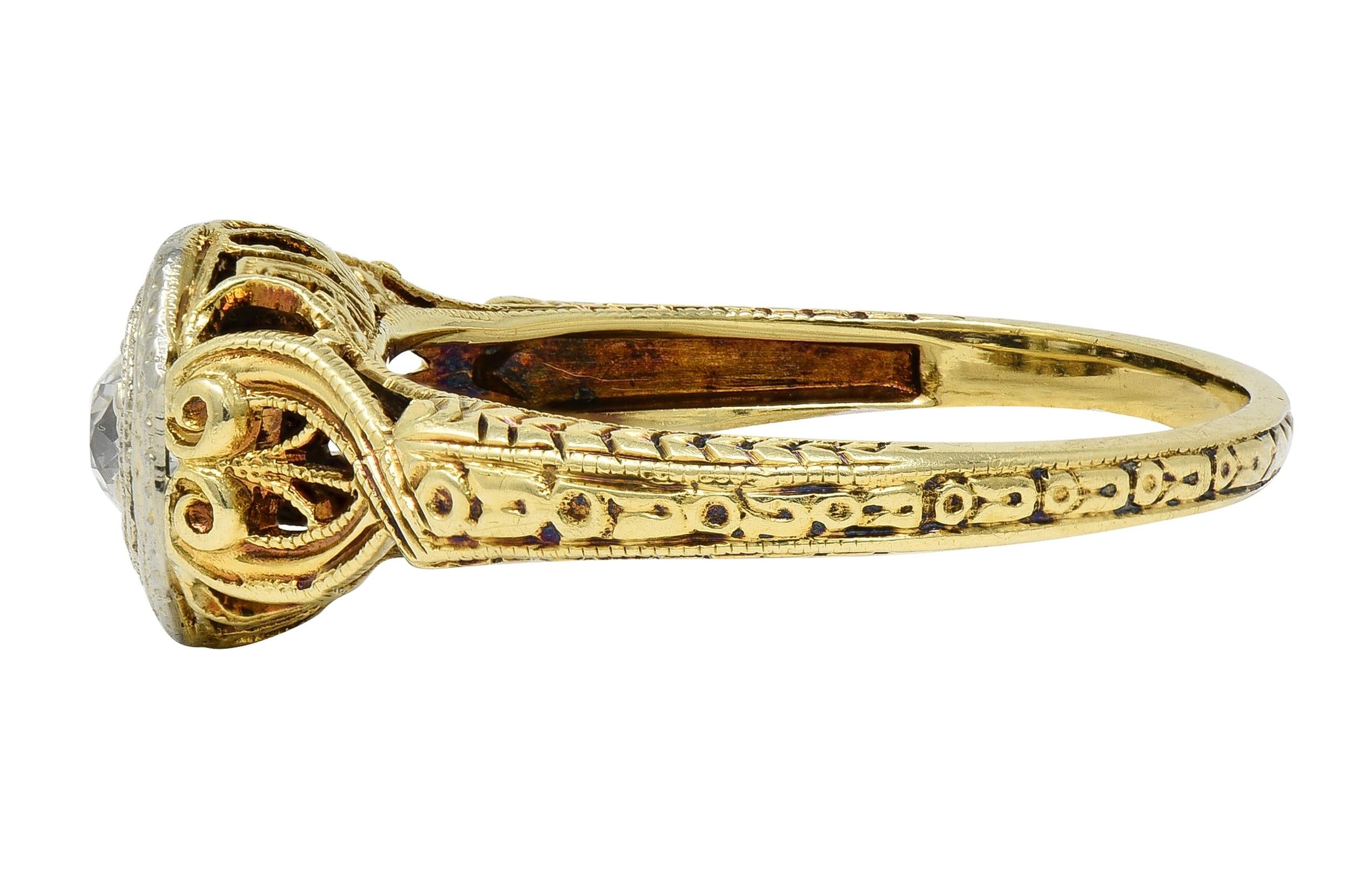 Art Deco Old European Cut Diamond 18K Yellow Gold Antique Heart Engagement Ring