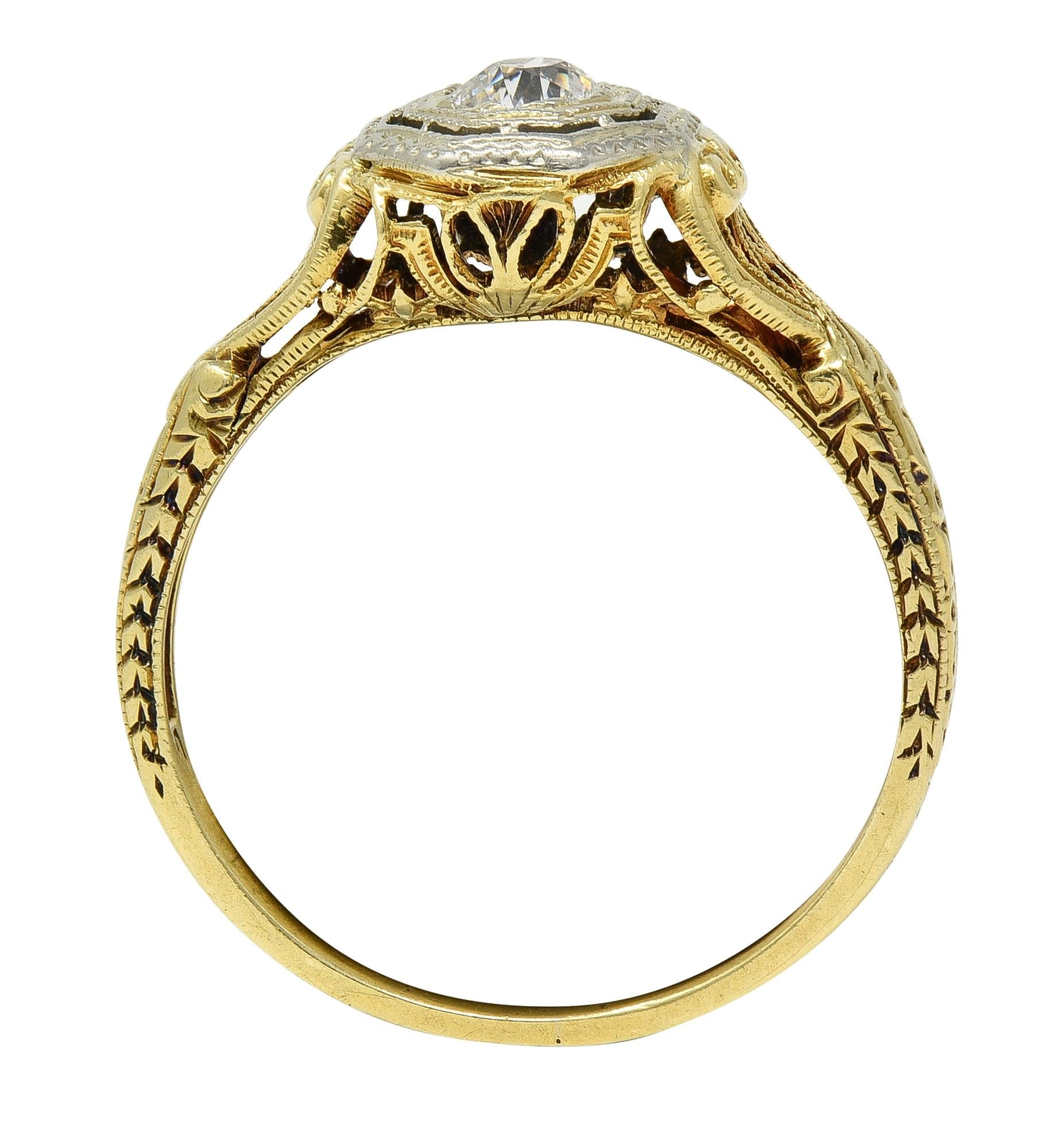 Art Deco Old European Cut Diamond 18K Yellow Gold Antique Heart Engagement Ring