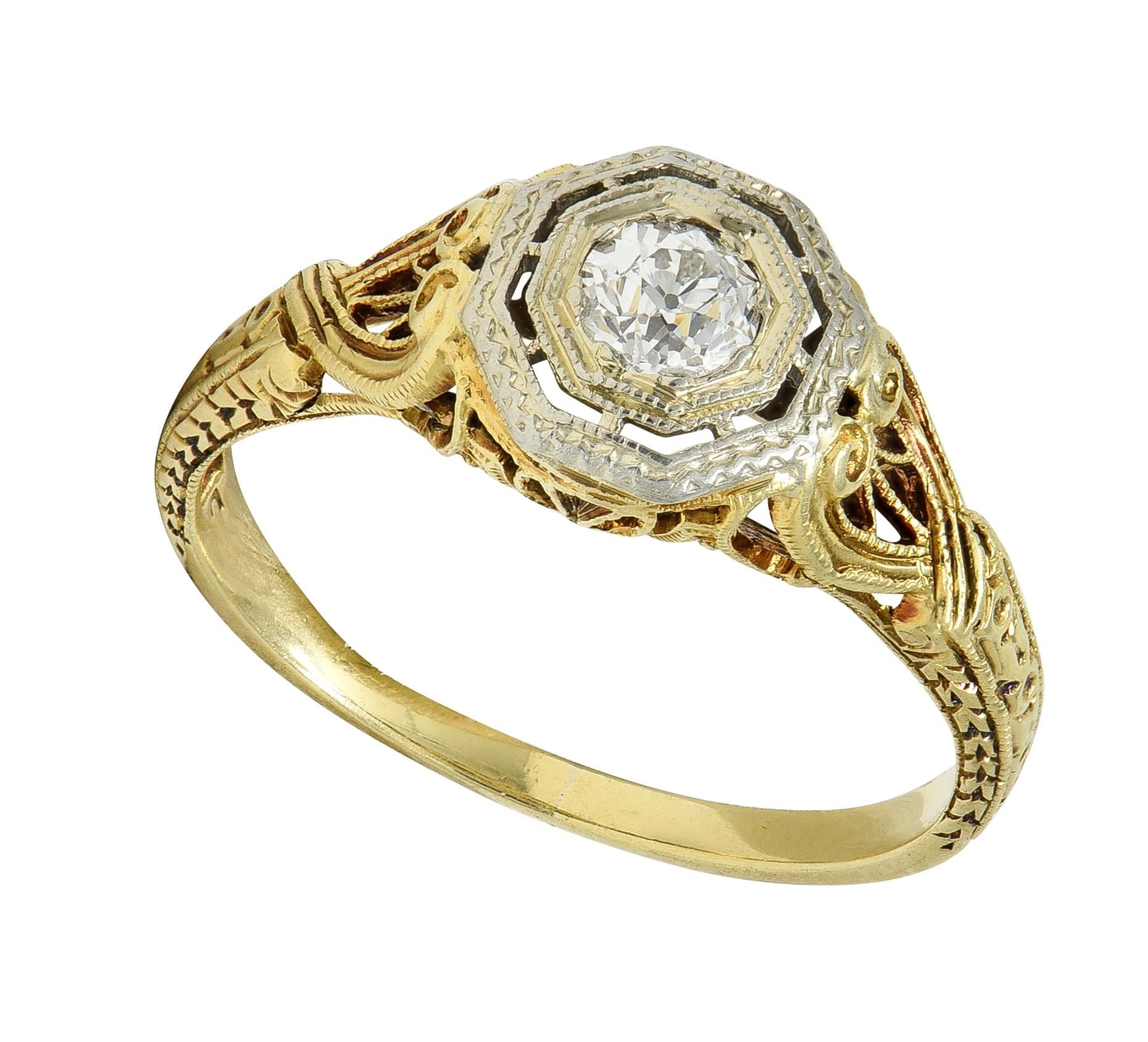 Art Deco Old European Cut Diamond 18K Yellow Gold Antique Heart Engagement Ring