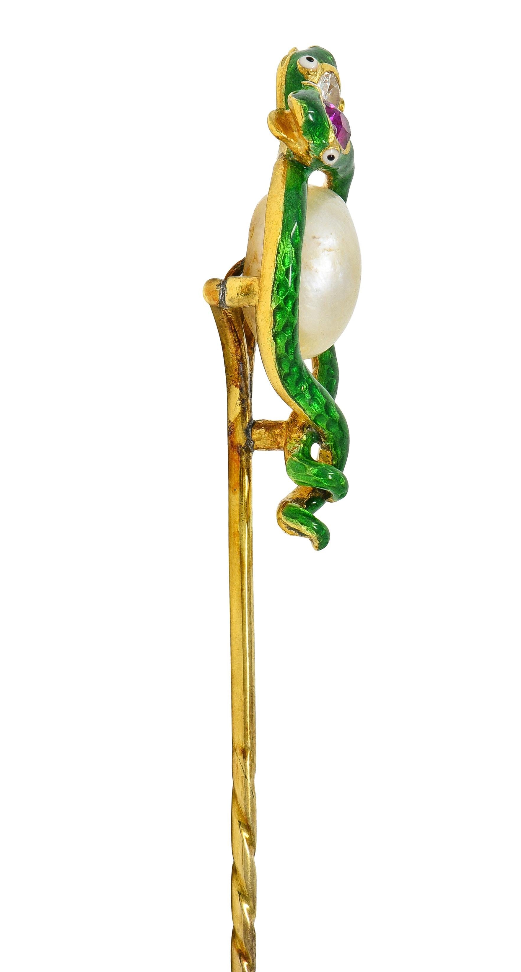 Victorian Pearl Ruby Diamond 18 Karat Yellow Gold Antique Snake Stickpin