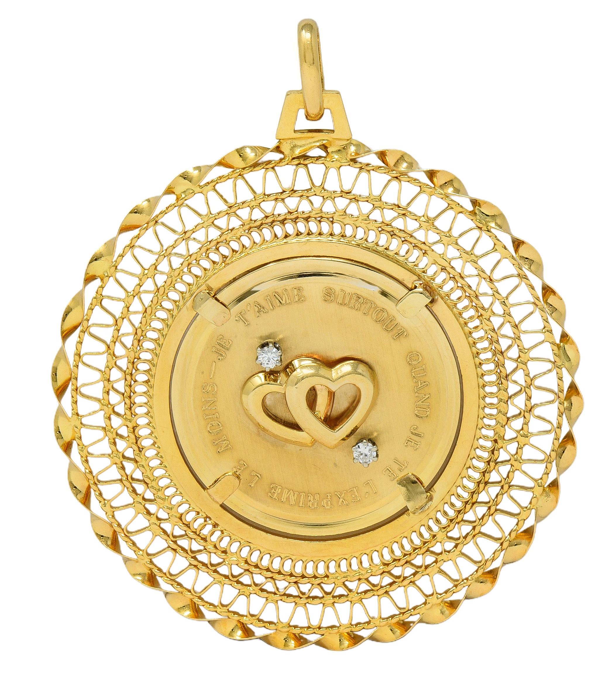 1950's Diamond 18 Karat Yellow Gold Vintage Heart French Phrase Pendant Charm