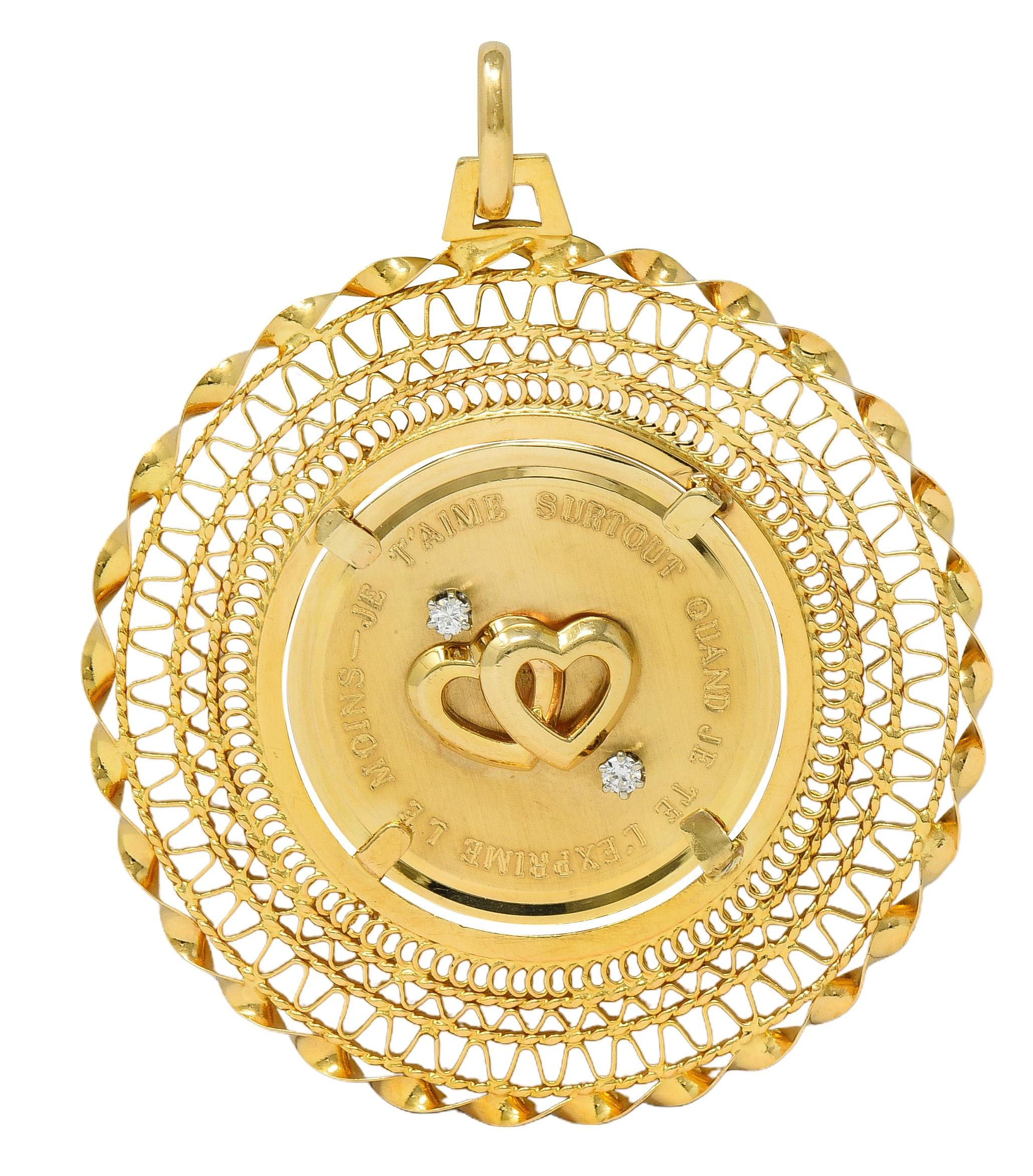 1950's Diamond 18 Karat Yellow Gold Vintage Heart French Phrase Pendant Charm