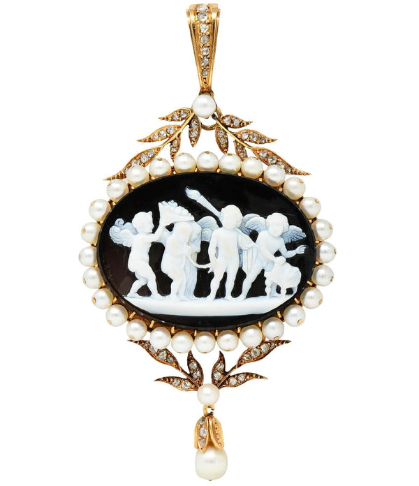 Luigi Rosi Victorian Diamond Agate 18K Gold Antique Cupid Cameo Locket Pendant