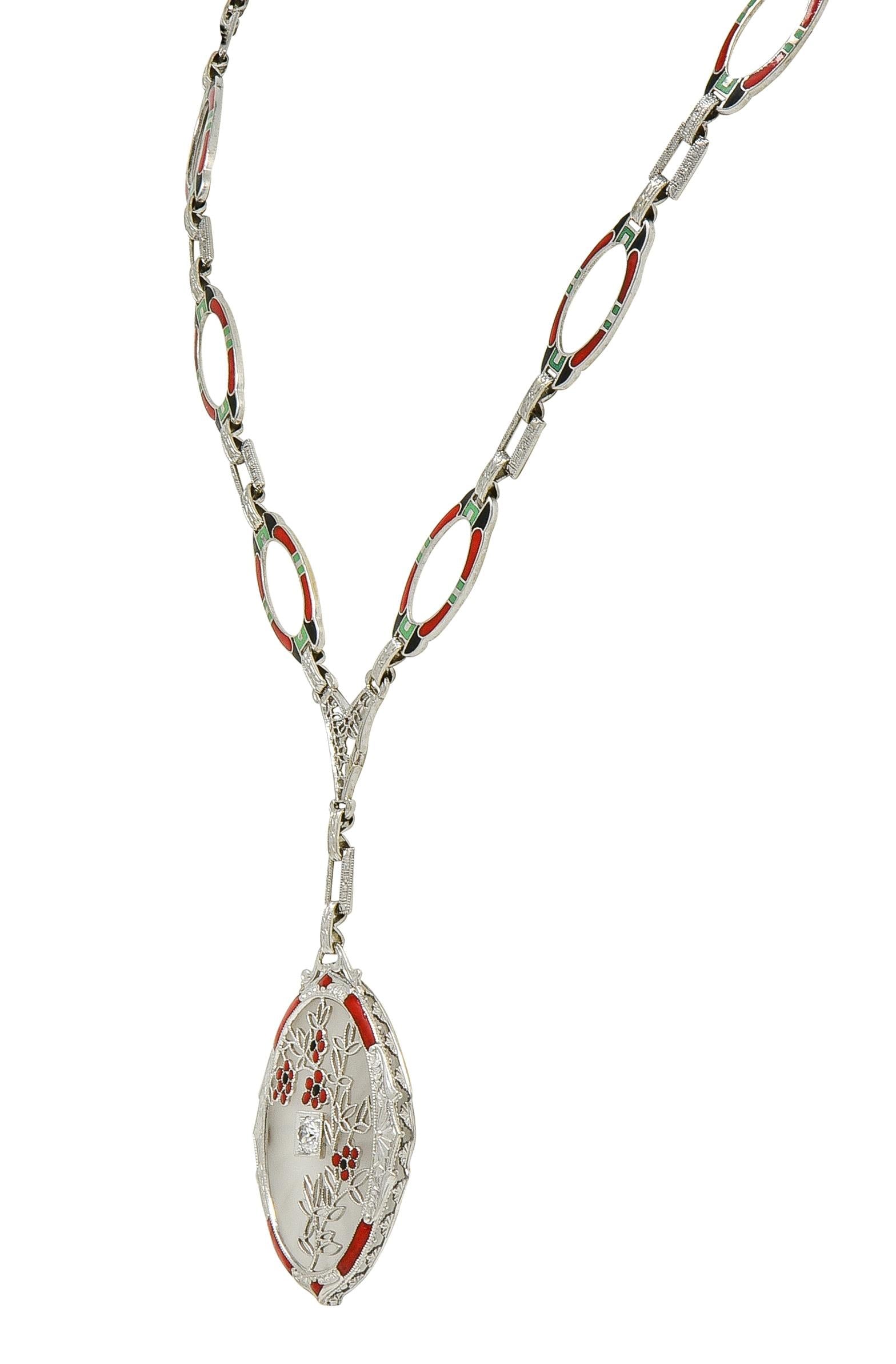 Art Deco Diamond Camphor Glass Enamel 14K Gold Antique Pendant Sartuoir Necklace