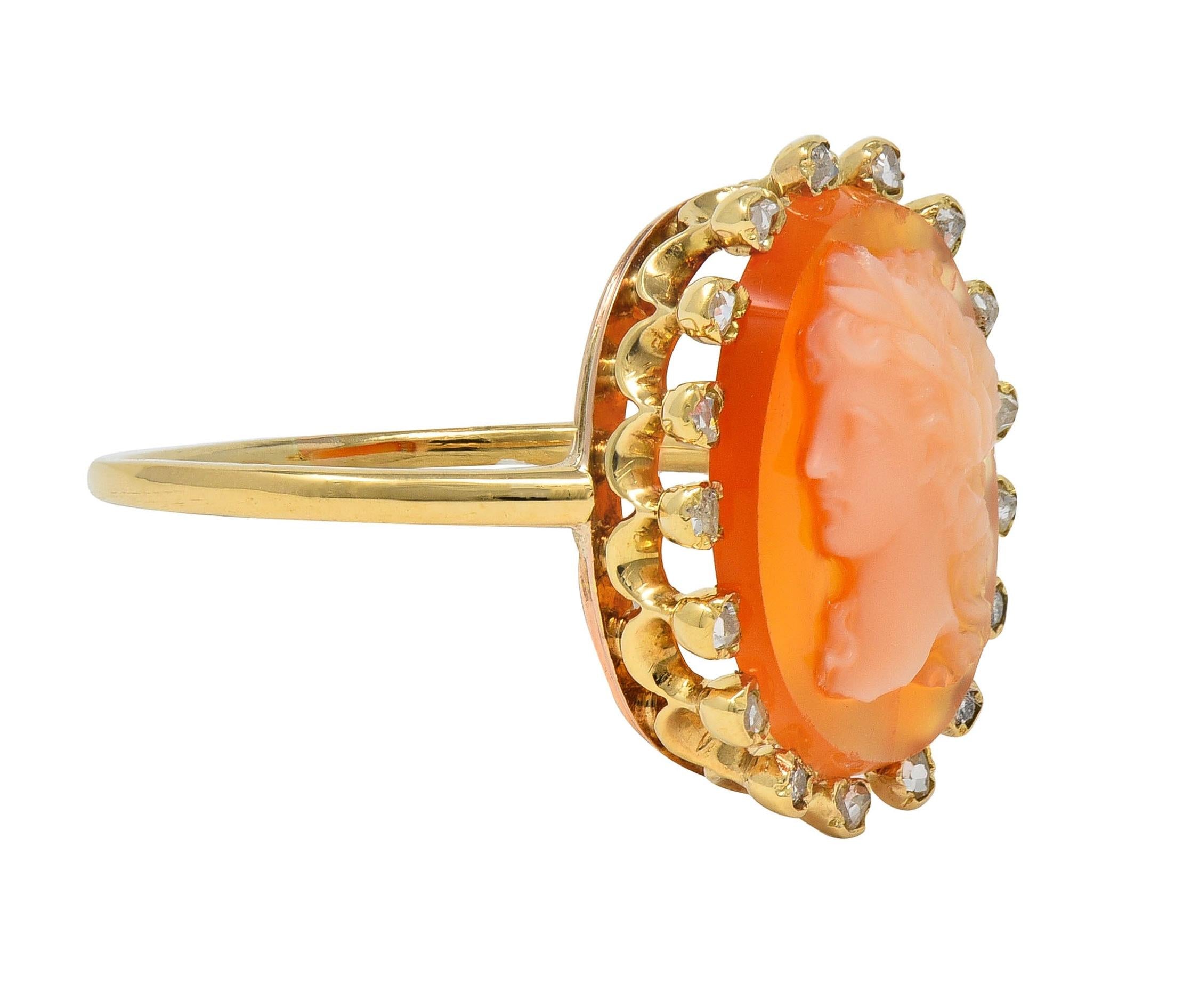 1990's Diamond Carved Shell 18 Karat Yellow Gold Vintage Cameo Halo Ring