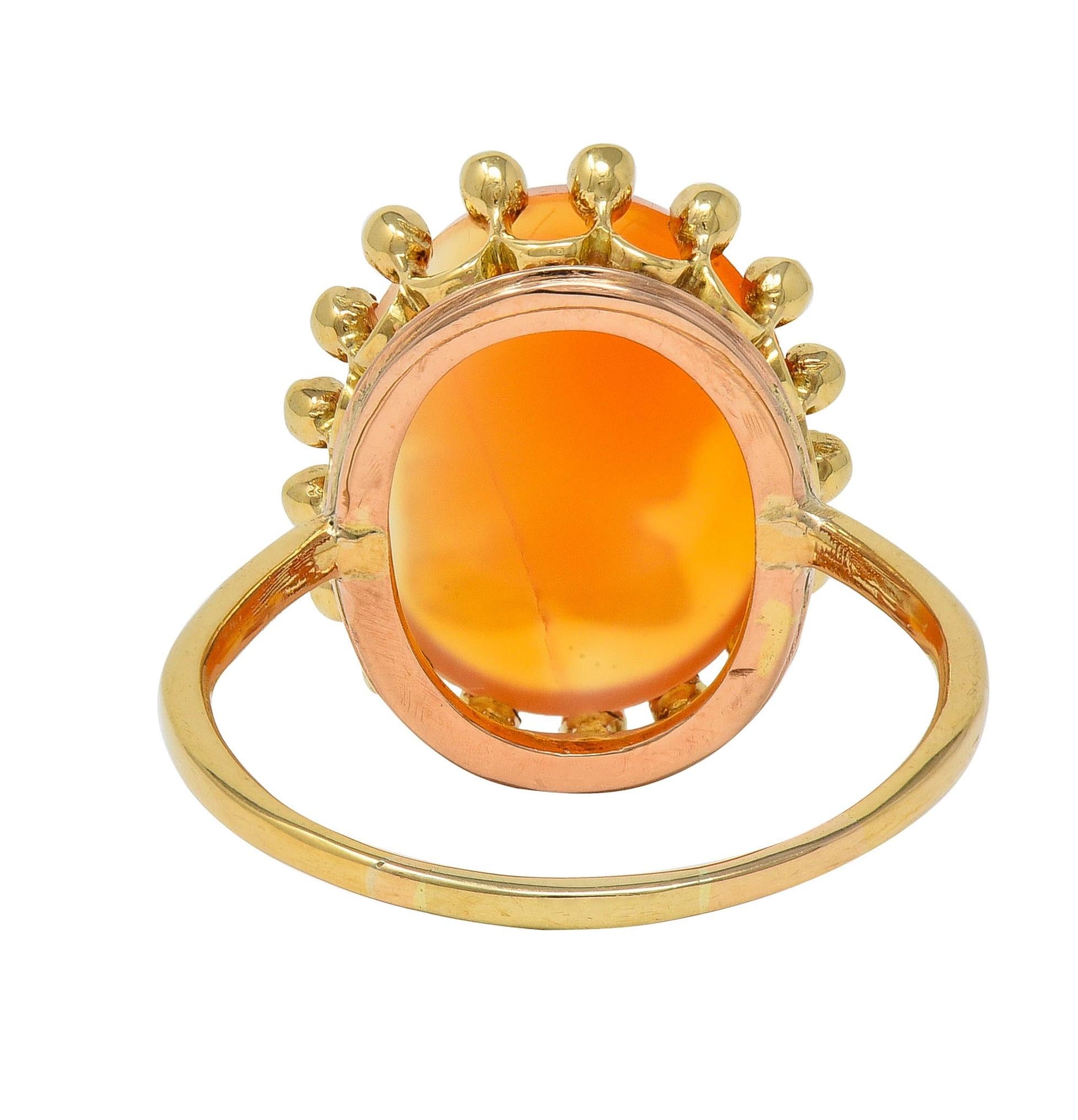 1990's Diamond Carved Shell 18 Karat Yellow Gold Vintage Cameo Halo Ring