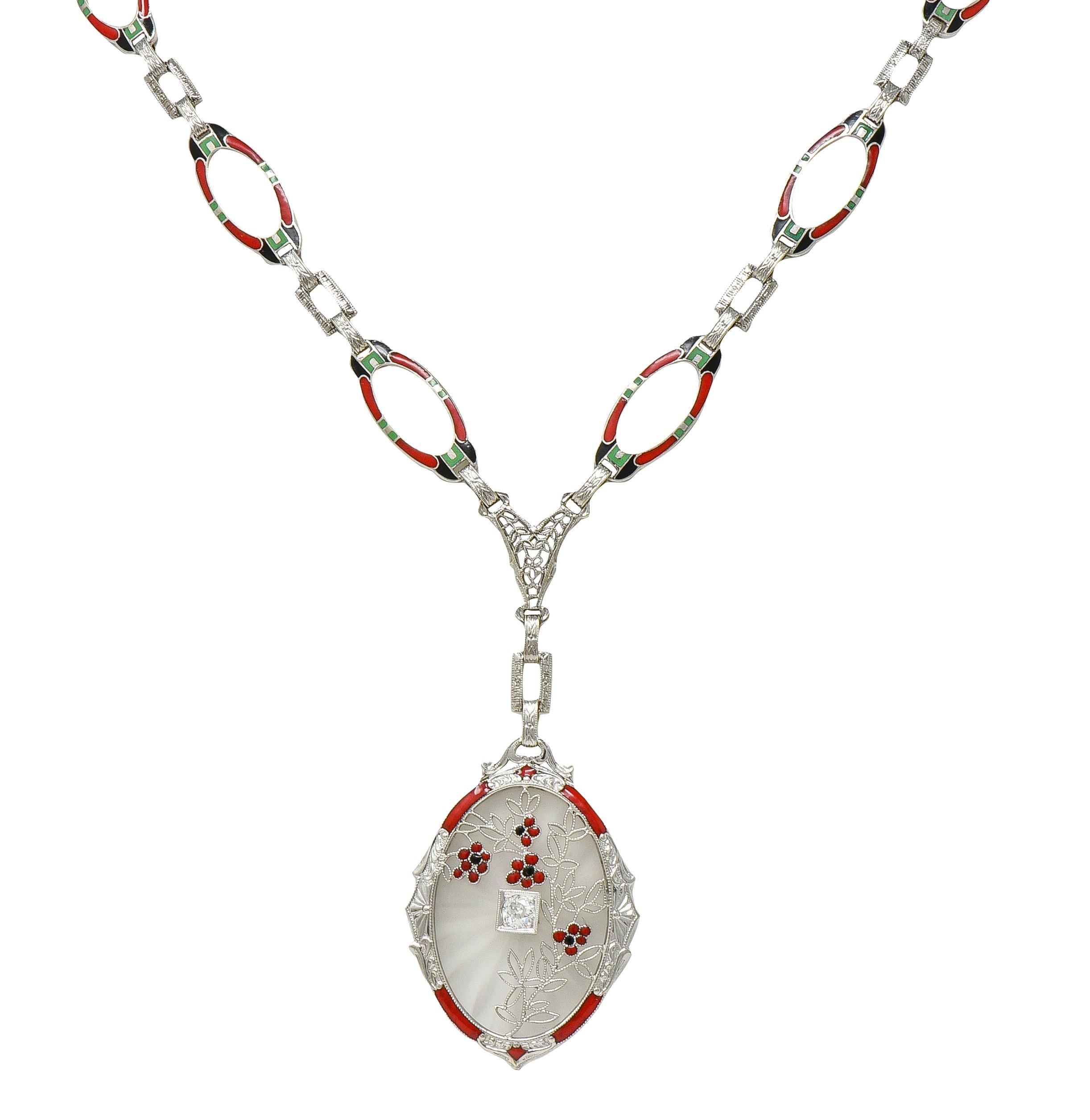 Art Deco Diamond Camphor Glass Enamel 14K Gold Antique Pendant Sartuoir Necklace