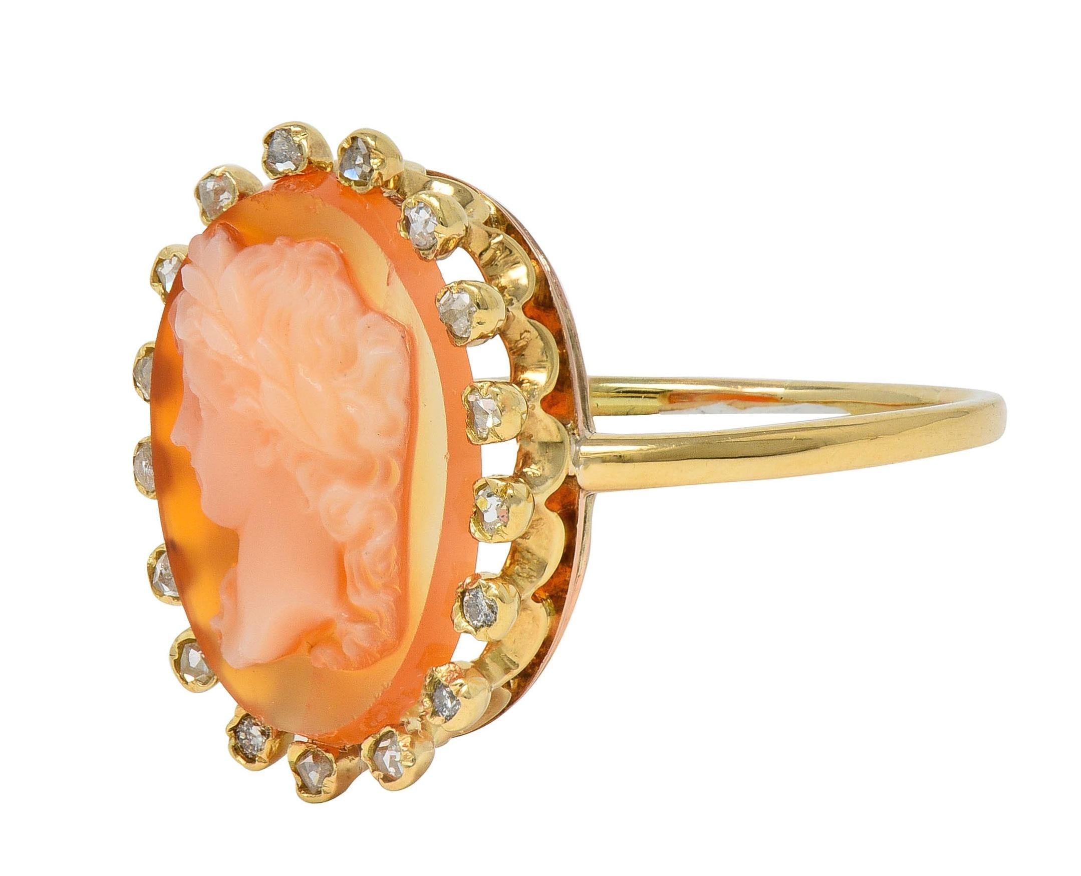 1990's Diamond Carved Shell 18 Karat Yellow Gold Vintage Cameo Halo Ring