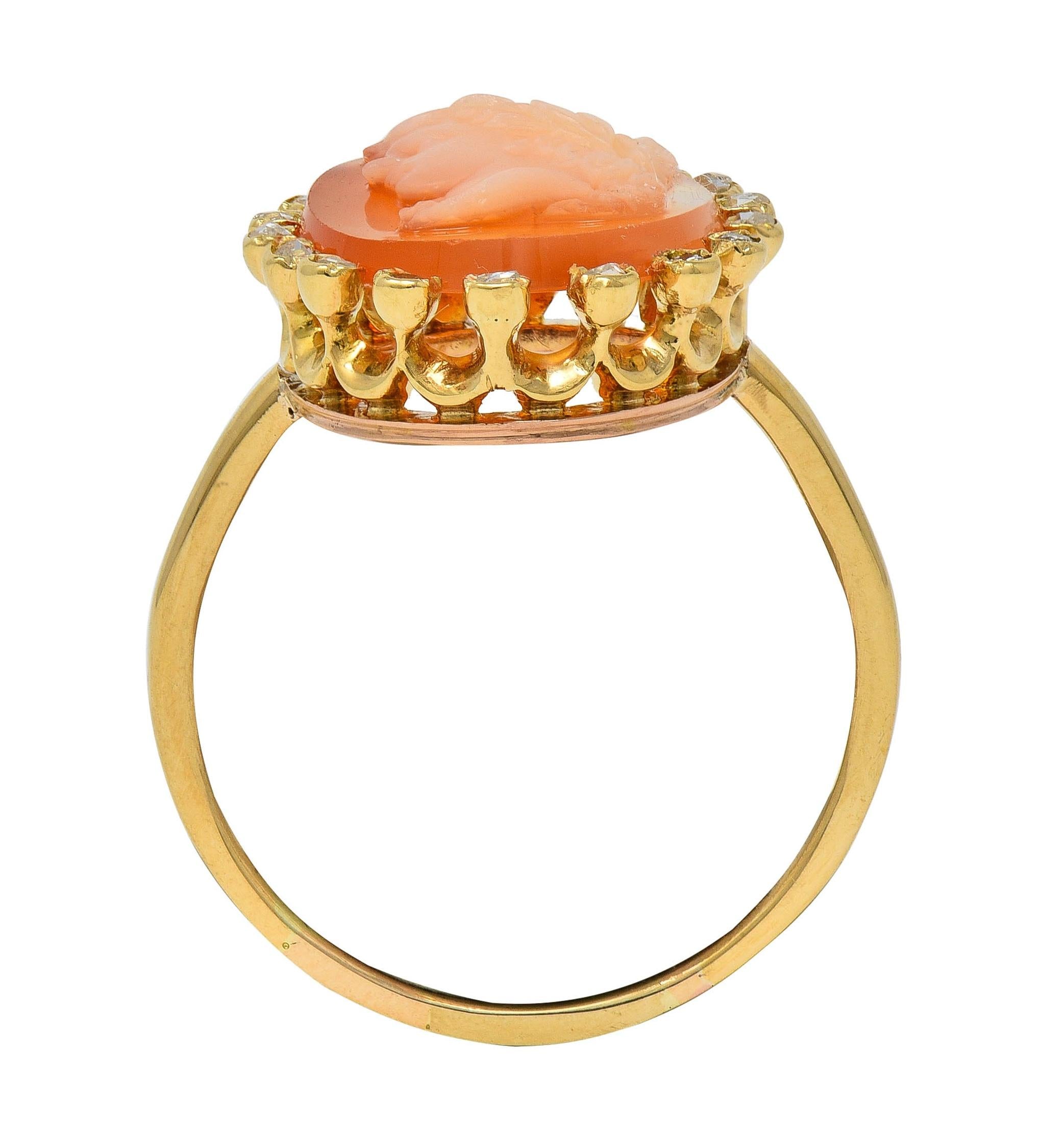 1990's Diamond Carved Shell 18 Karat Yellow Gold Vintage Cameo Halo Ring