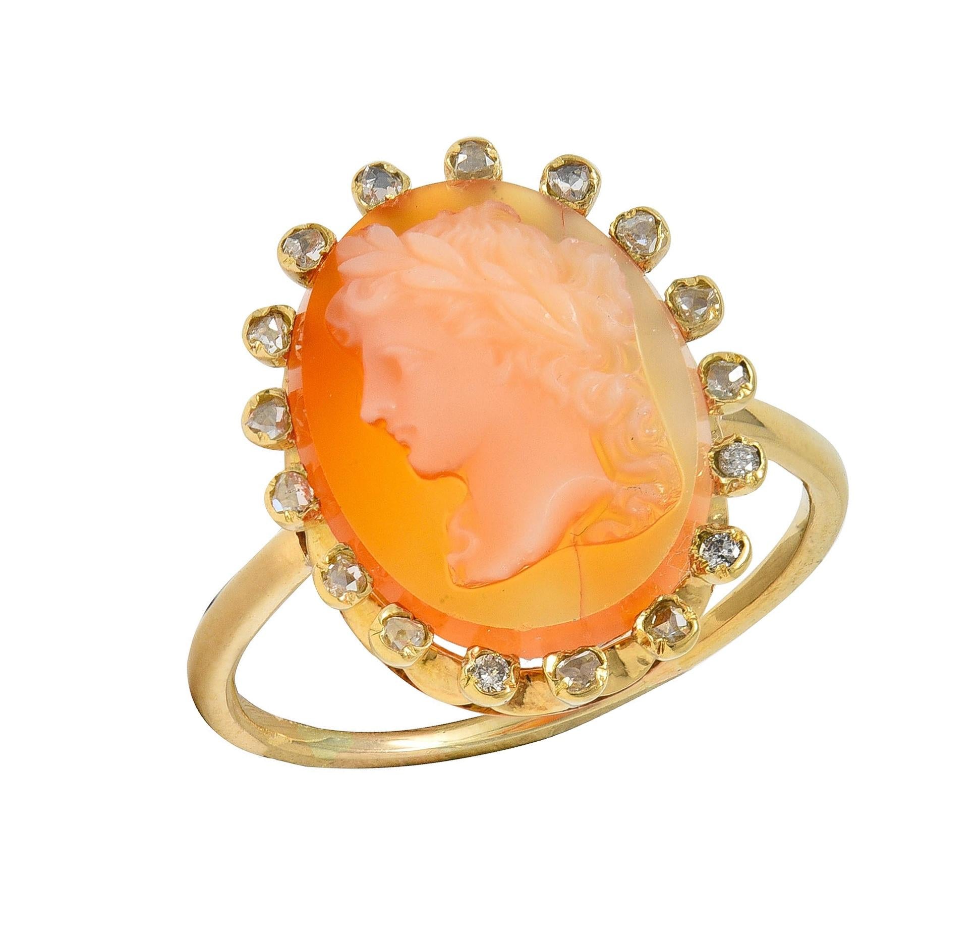 1990's Diamond Carved Shell 18 Karat Yellow Gold Vintage Cameo Halo Ring