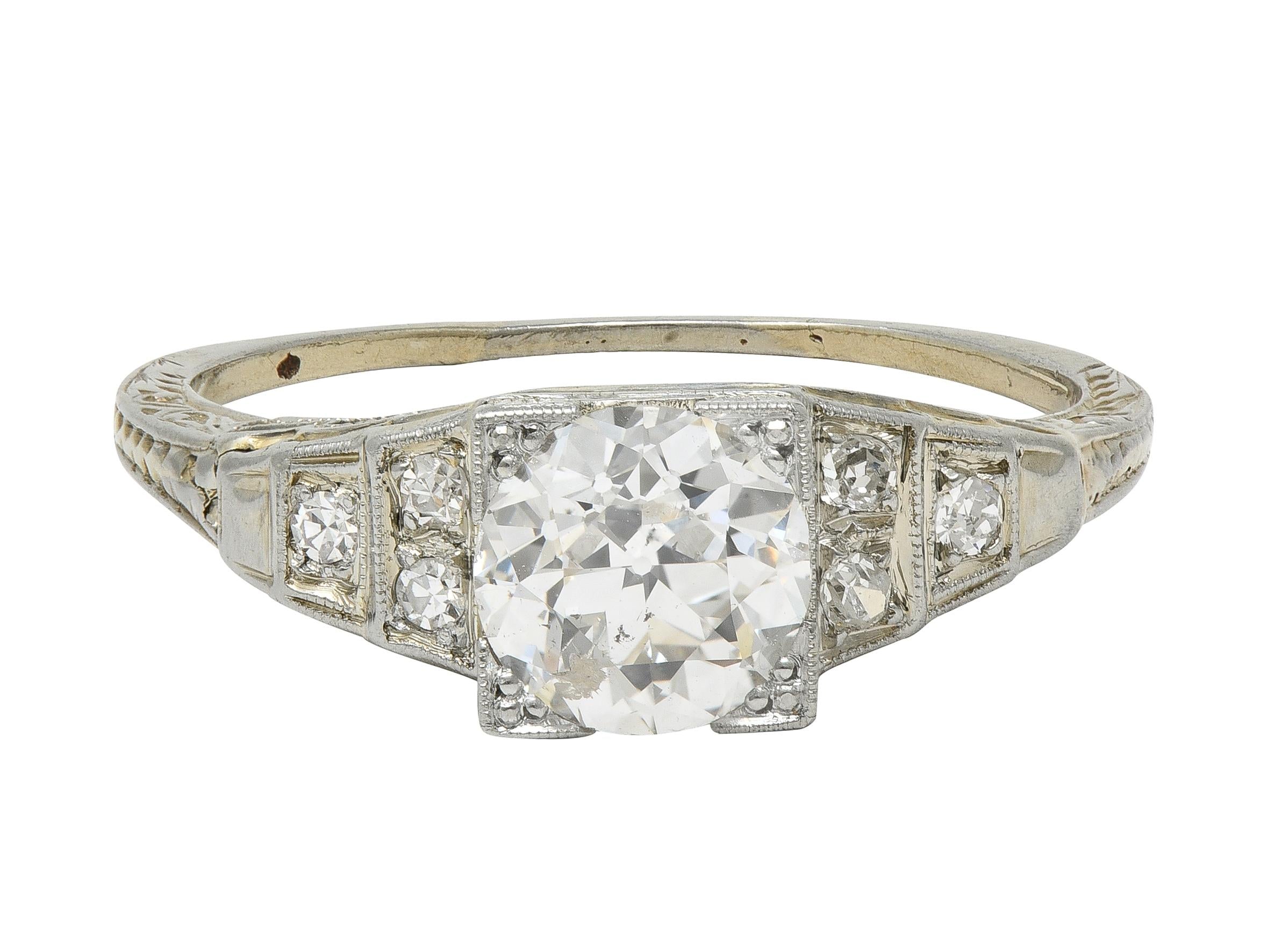 Art Deco Old European Cut Diamond 18K White Gold Vintage Stepped Engagement Ring