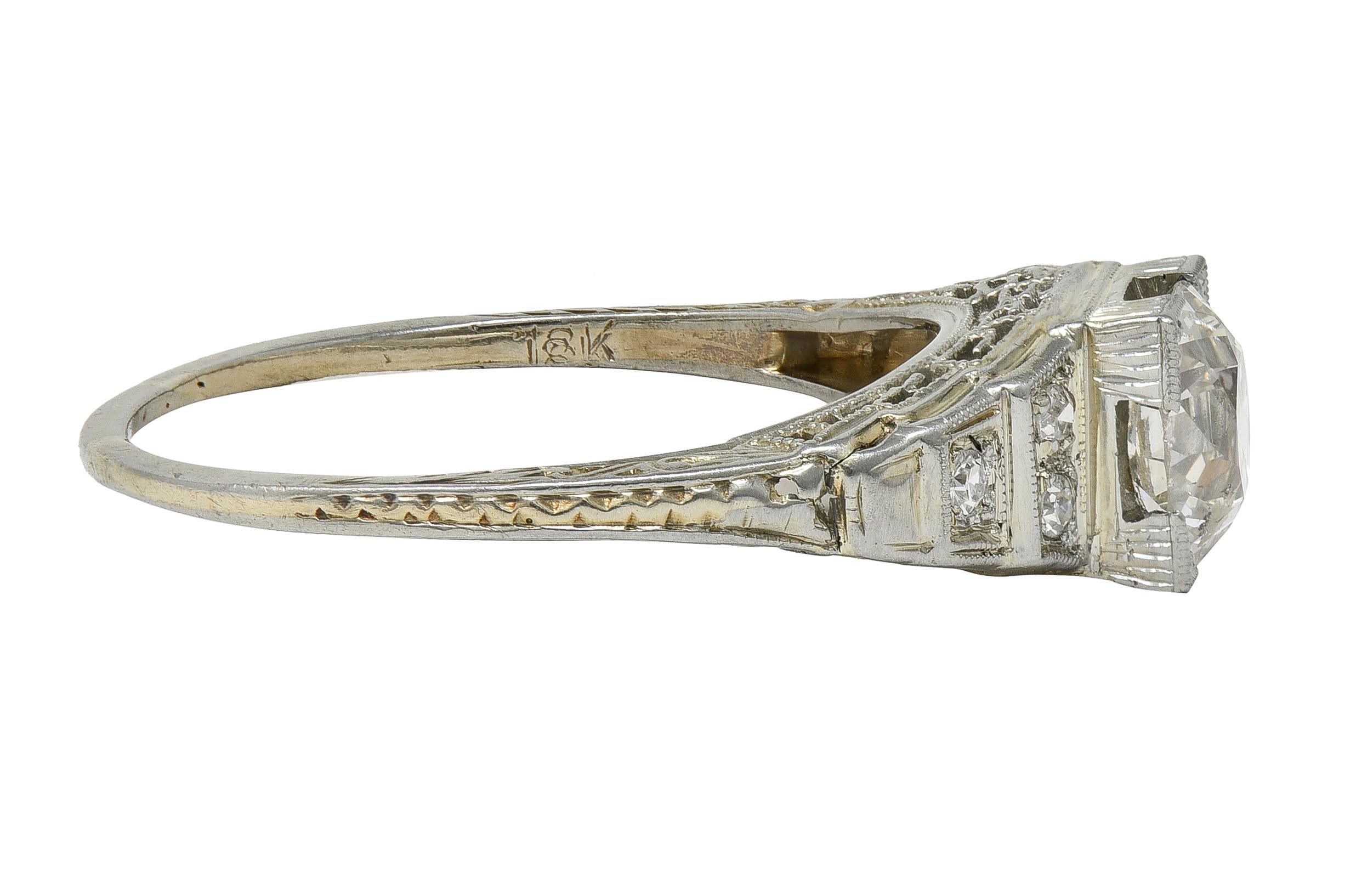 Art Deco Old European Cut Diamond 18K White Gold Vintage Stepped Engagement Ring