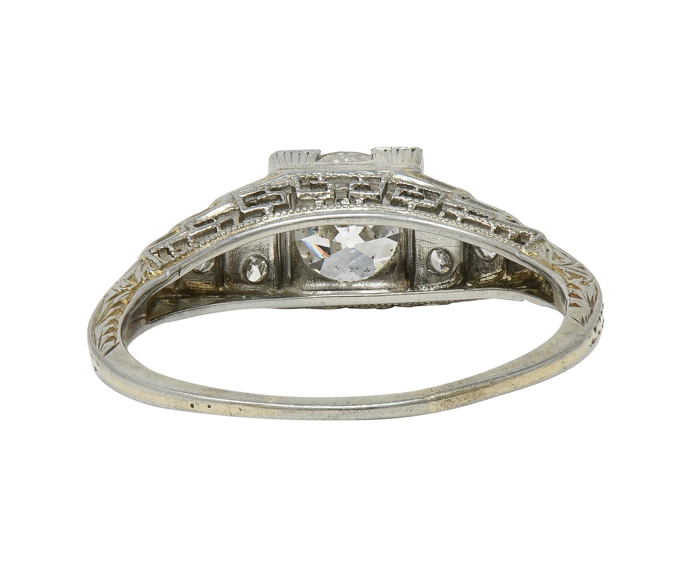 Art Deco Old European Cut Diamond 18K White Gold Vintage Stepped Engagement Ring