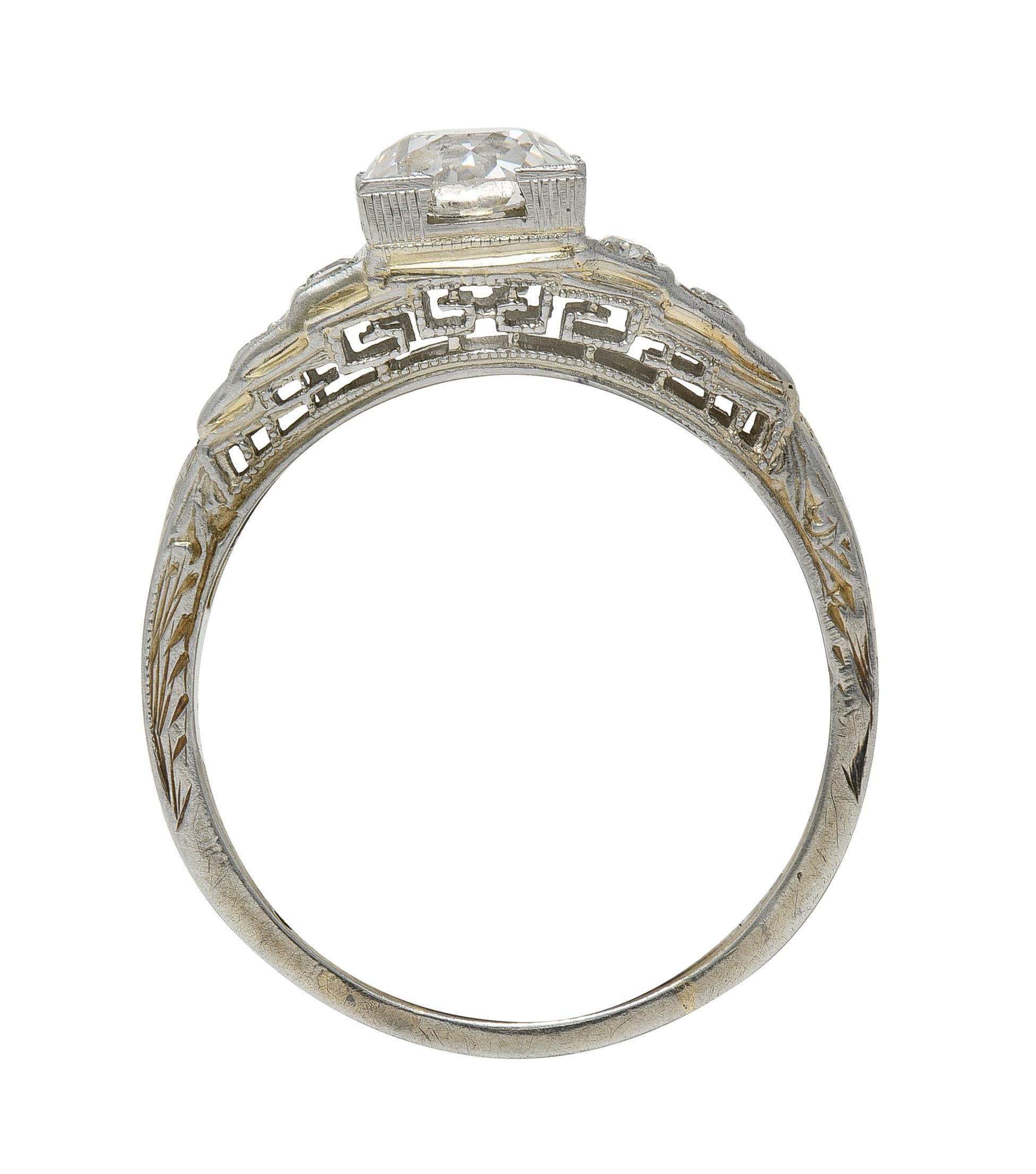 Art Deco Old European Cut Diamond 18K White Gold Vintage Stepped Engagement Ring
