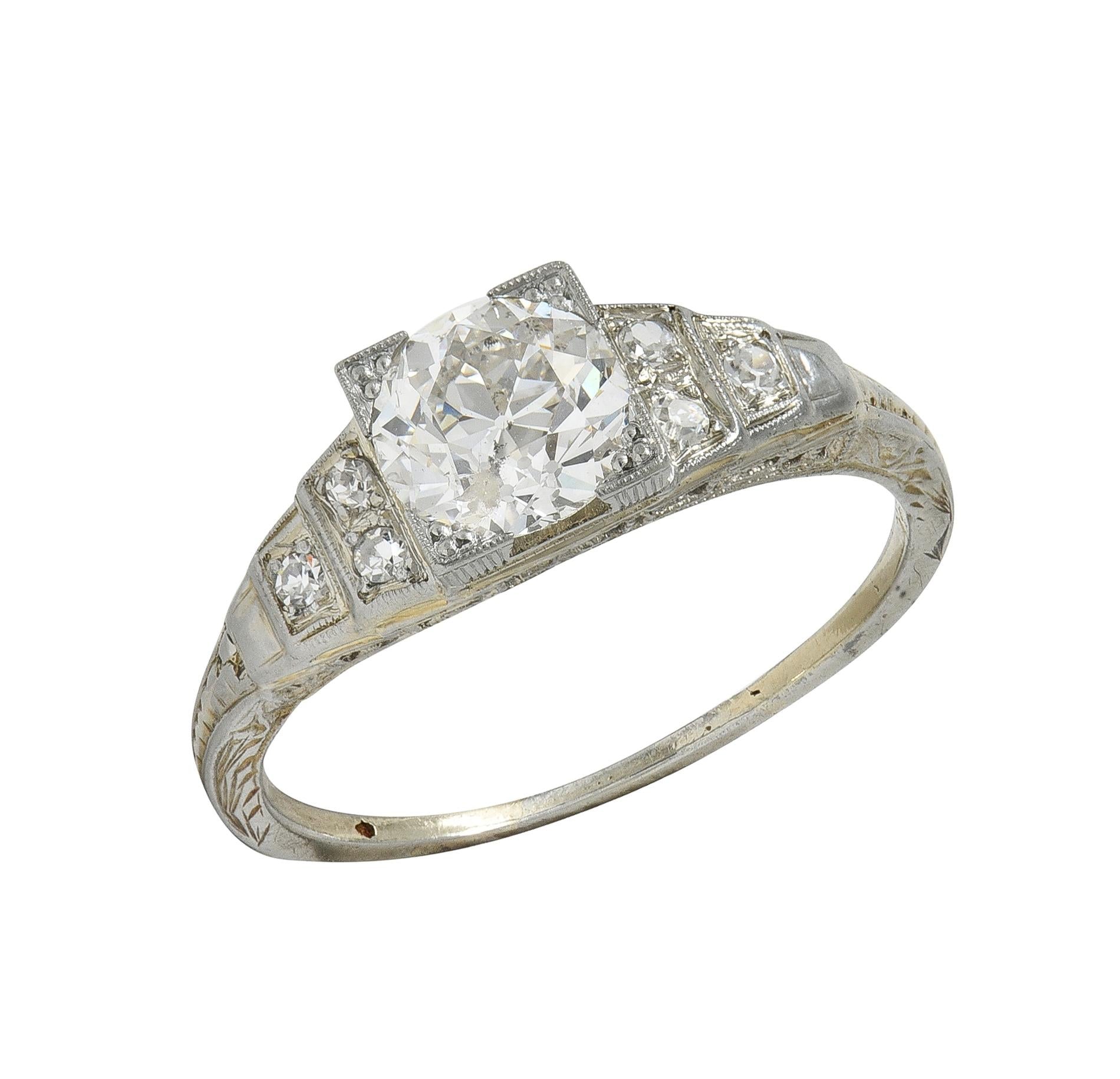 Art Deco Old European Cut Diamond 18K White Gold Vintage Stepped Engagement Ring