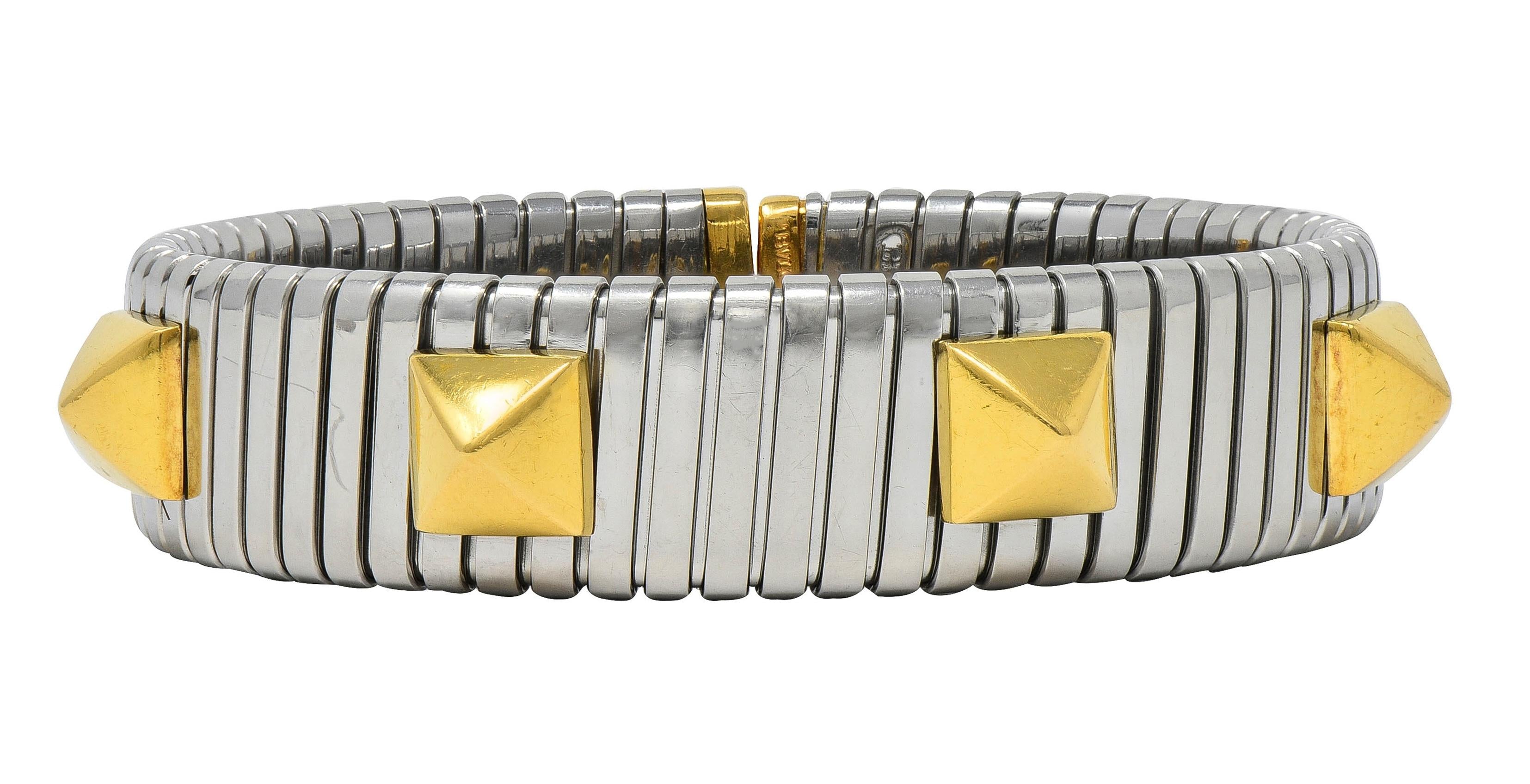 Bulgari 1990's 18 Karat Yellow Gold Steel Stud Tubogas Vintage Cuff Bracelet