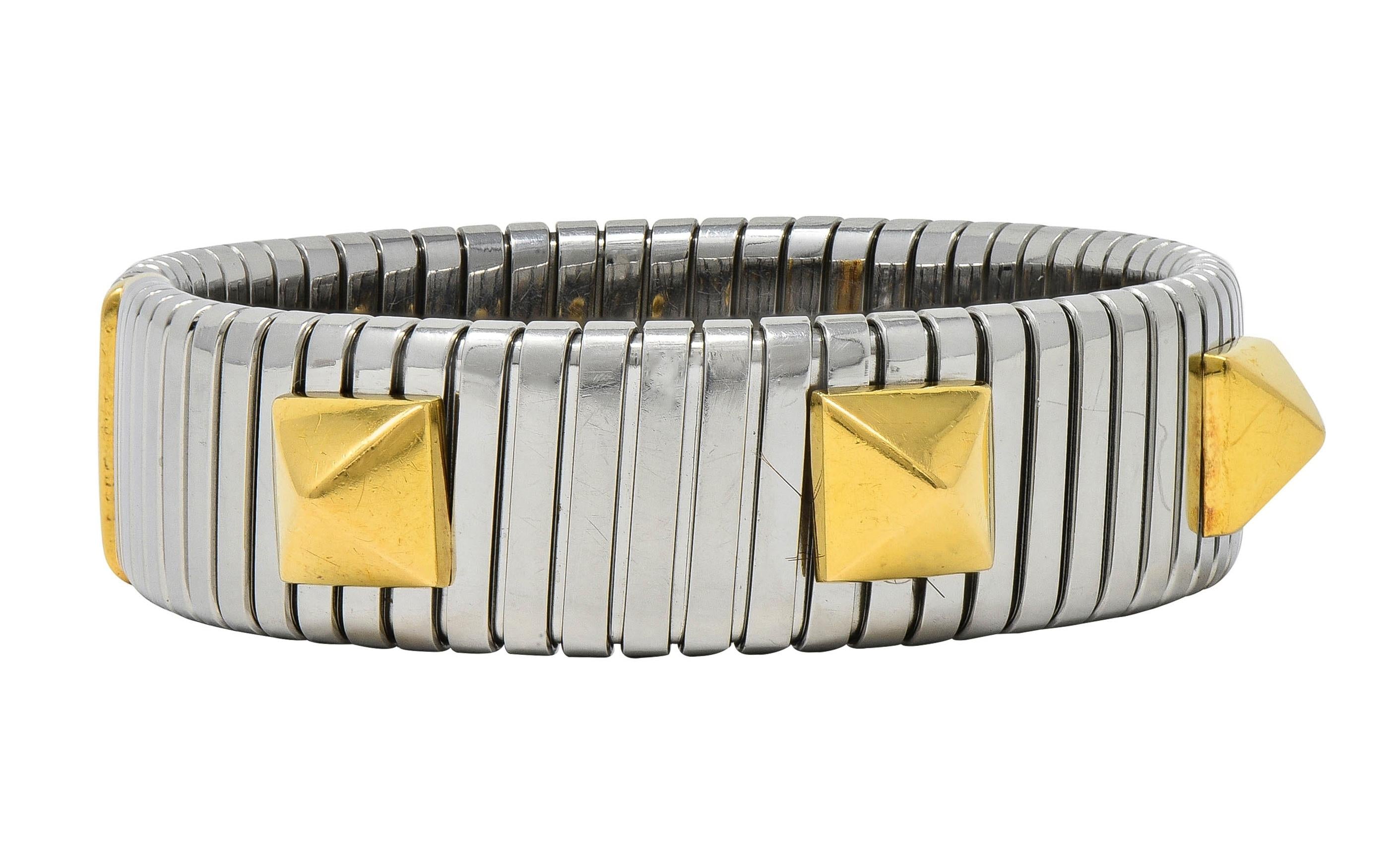 Bulgari 1990's 18 Karat Yellow Gold Steel Stud Tubogas Vintage Cuff Bracelet