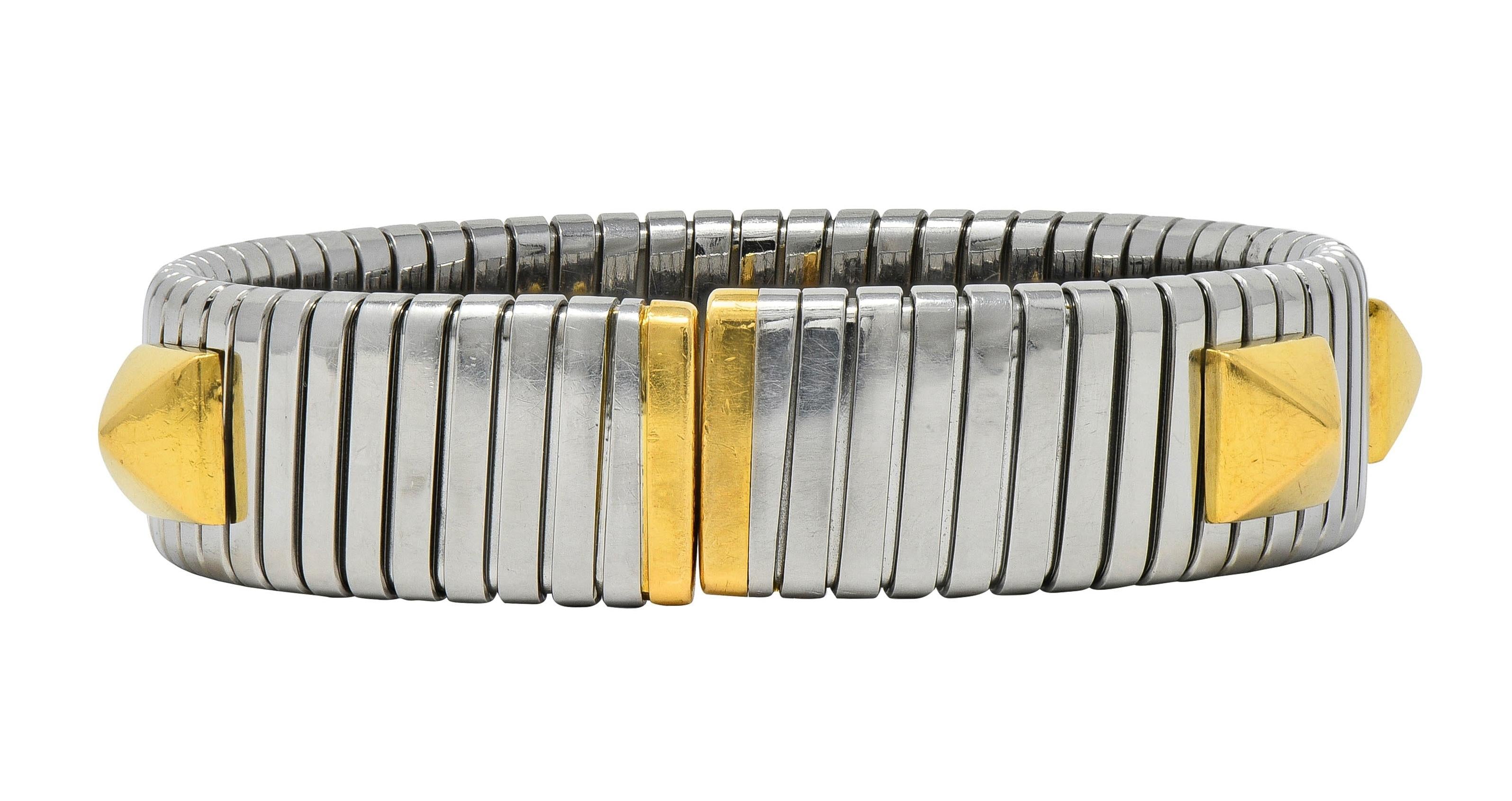 Bulgari 1990's 18 Karat Yellow Gold Steel Stud Tubogas Vintage Cuff Bracelet