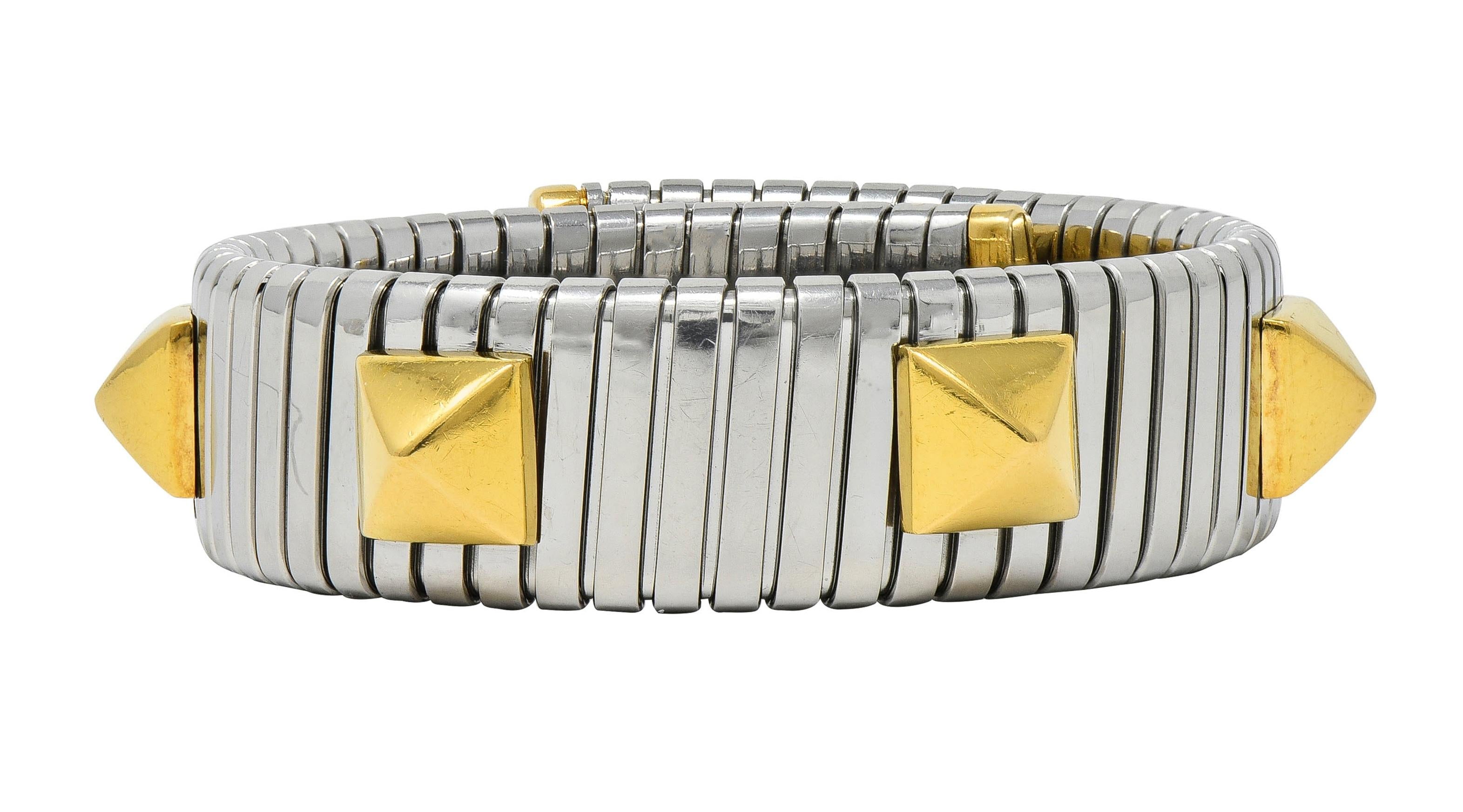 Bulgari 1990's 18 Karat Yellow Gold Steel Stud Tubogas Vintage Cuff Bracelet