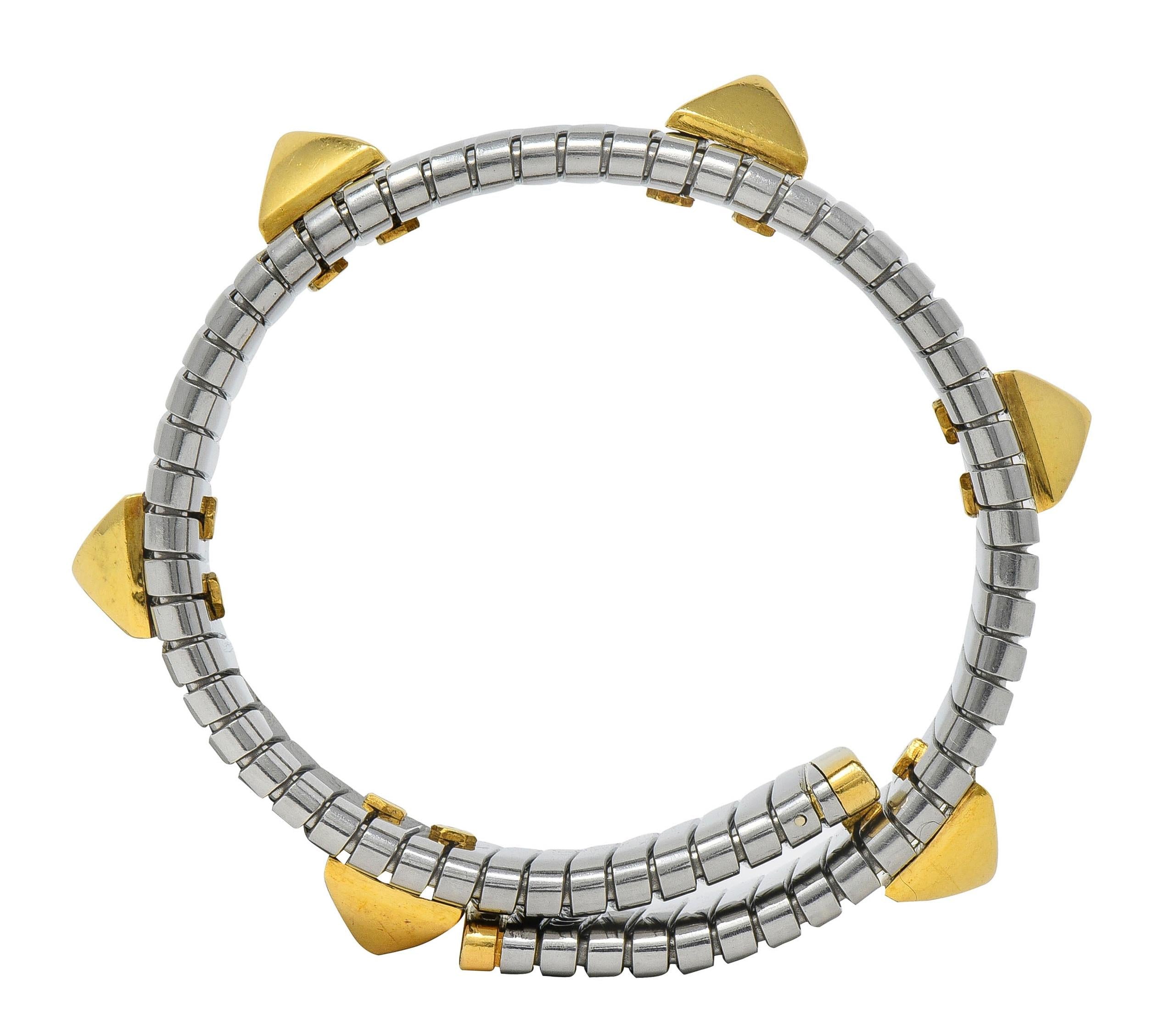 Bulgari 1990's 18 Karat Yellow Gold Steel Stud Tubogas Vintage Cuff Bracelet