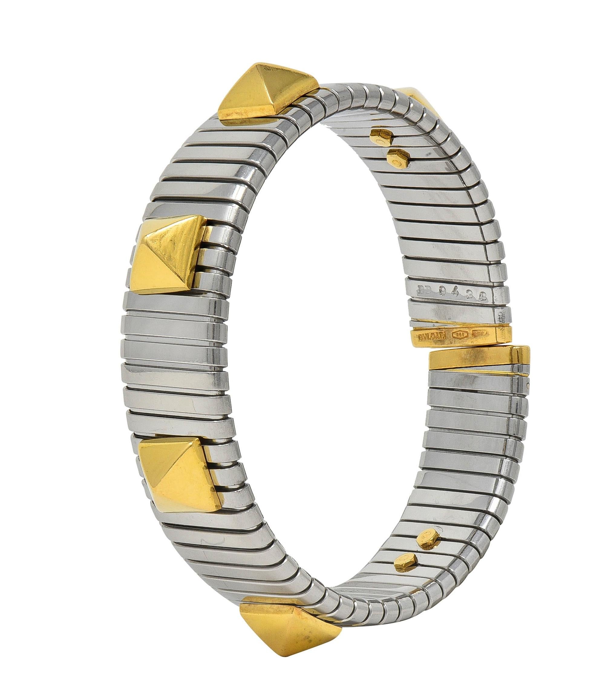 Bulgari 1990's 18 Karat Yellow Gold Steel Stud Tubogas Vintage Cuff Bracelet