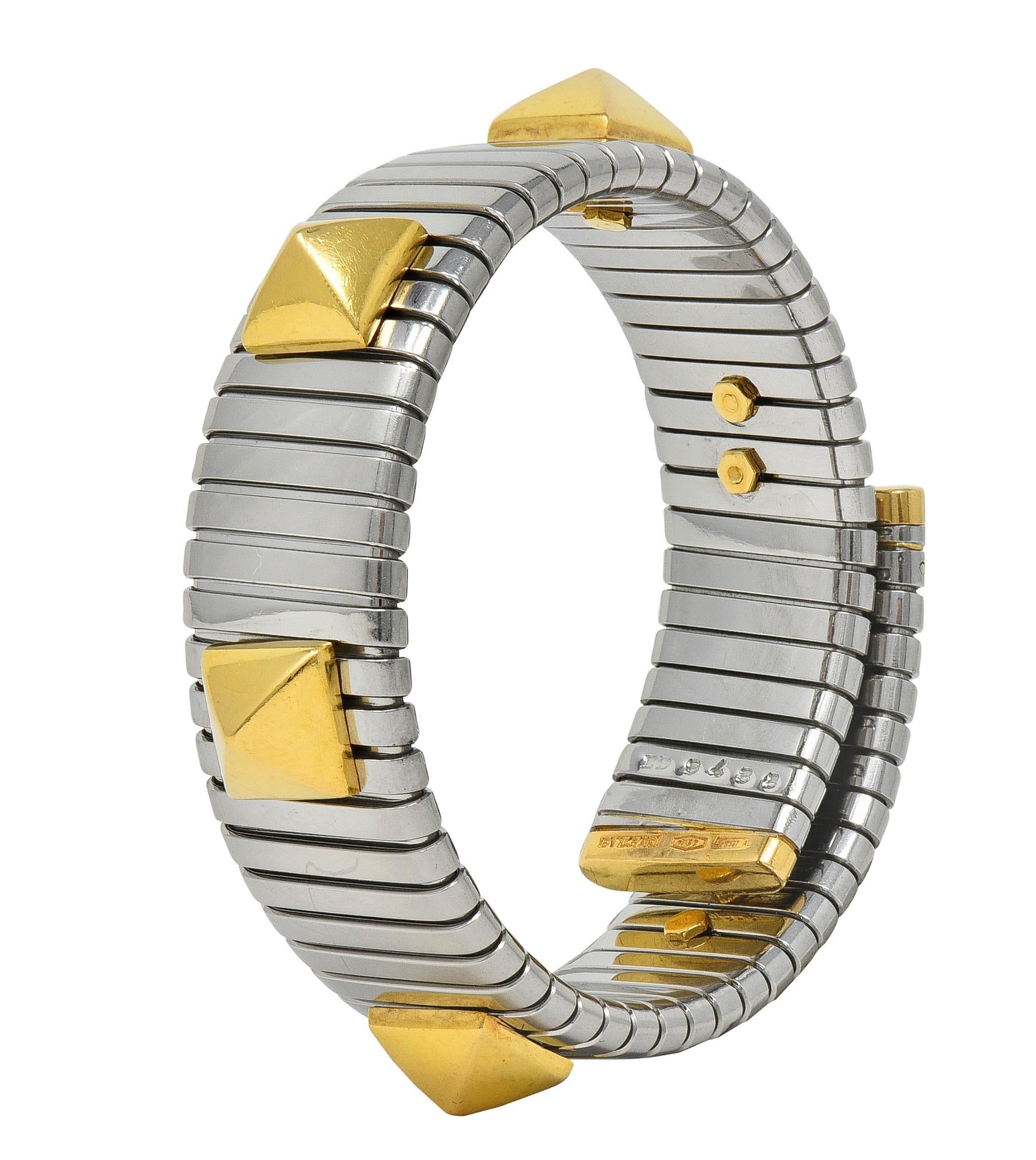 Bulgari 1990's 18 Karat Yellow Gold Steel Stud Tubogas Vintage Cuff Bracelet