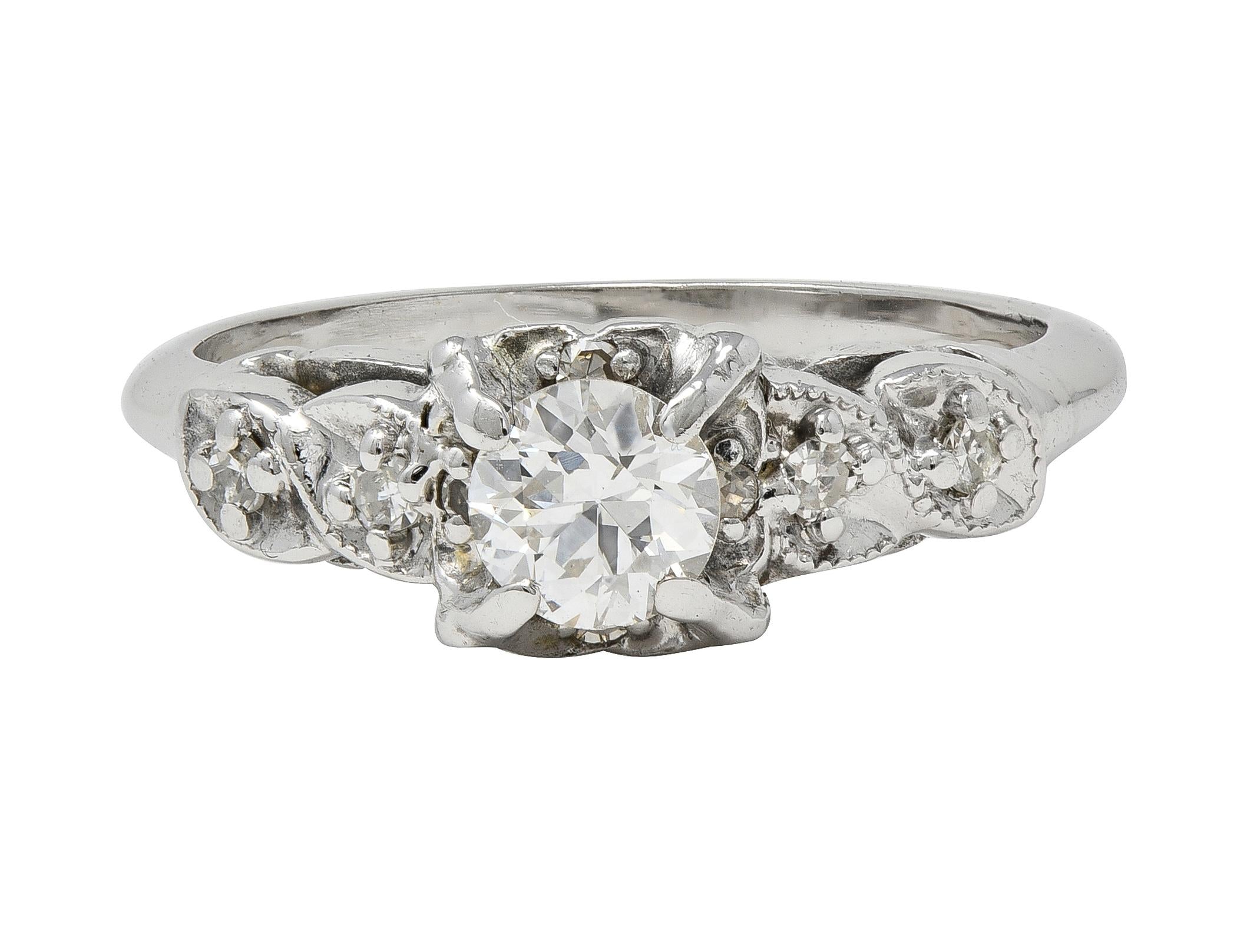 Retro 0.45 CTW Euro Diamond 14 Karat White Gold Vintage Foliate Engagement Ring