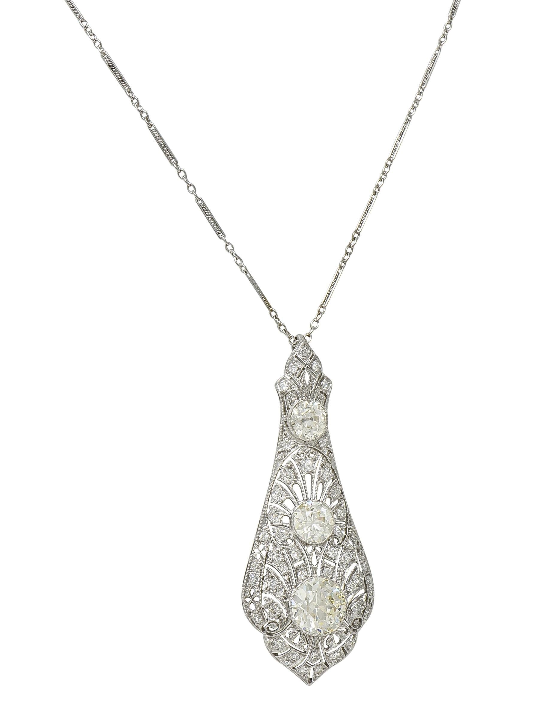 Art Deco 7.40 CTW Diamond Platinum Antique Fanning Pendant Necklace