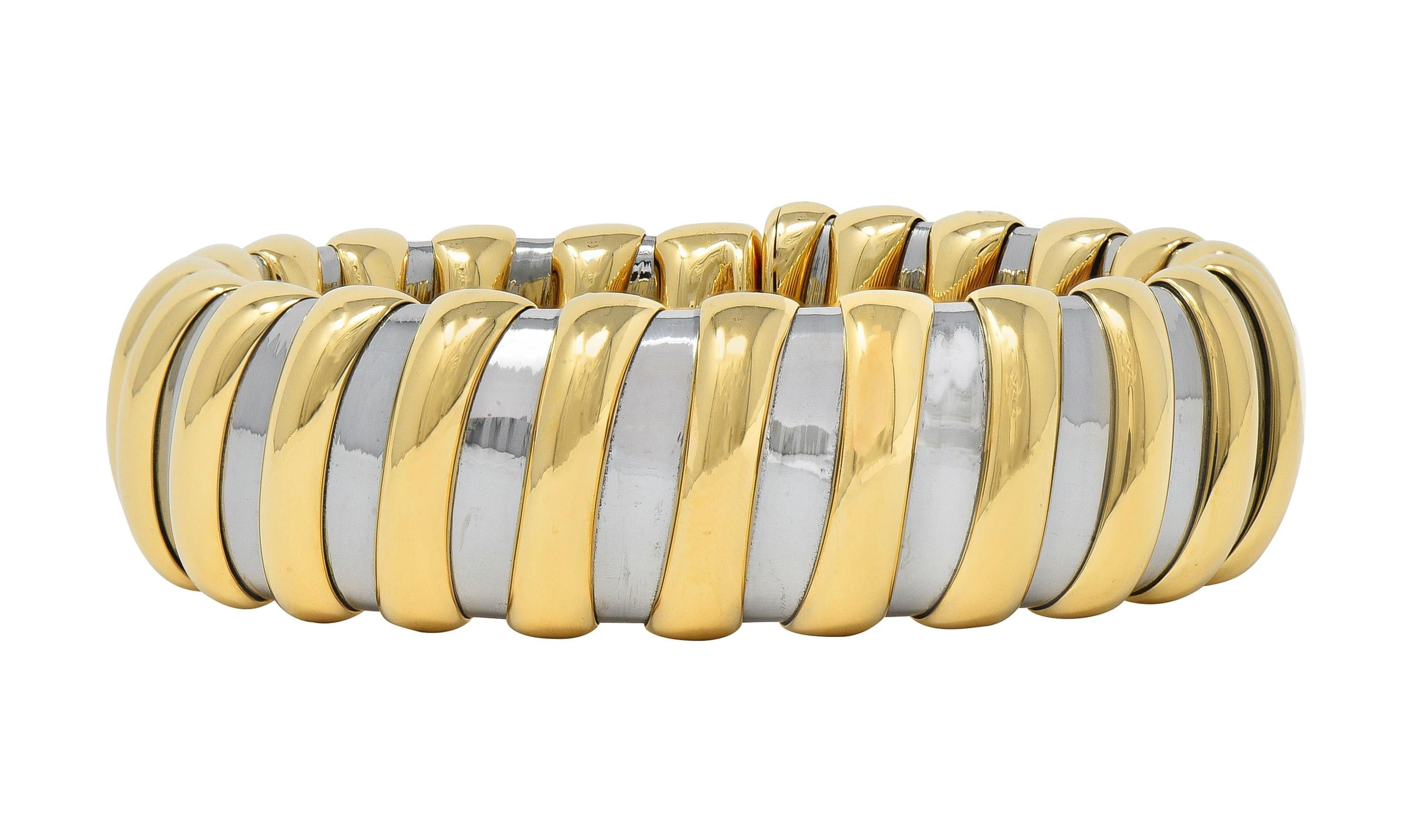 Bulgari 1990s 18 Karat Yellow Gold Stainless Steel Tubogas Vintage Cuff Bracelet