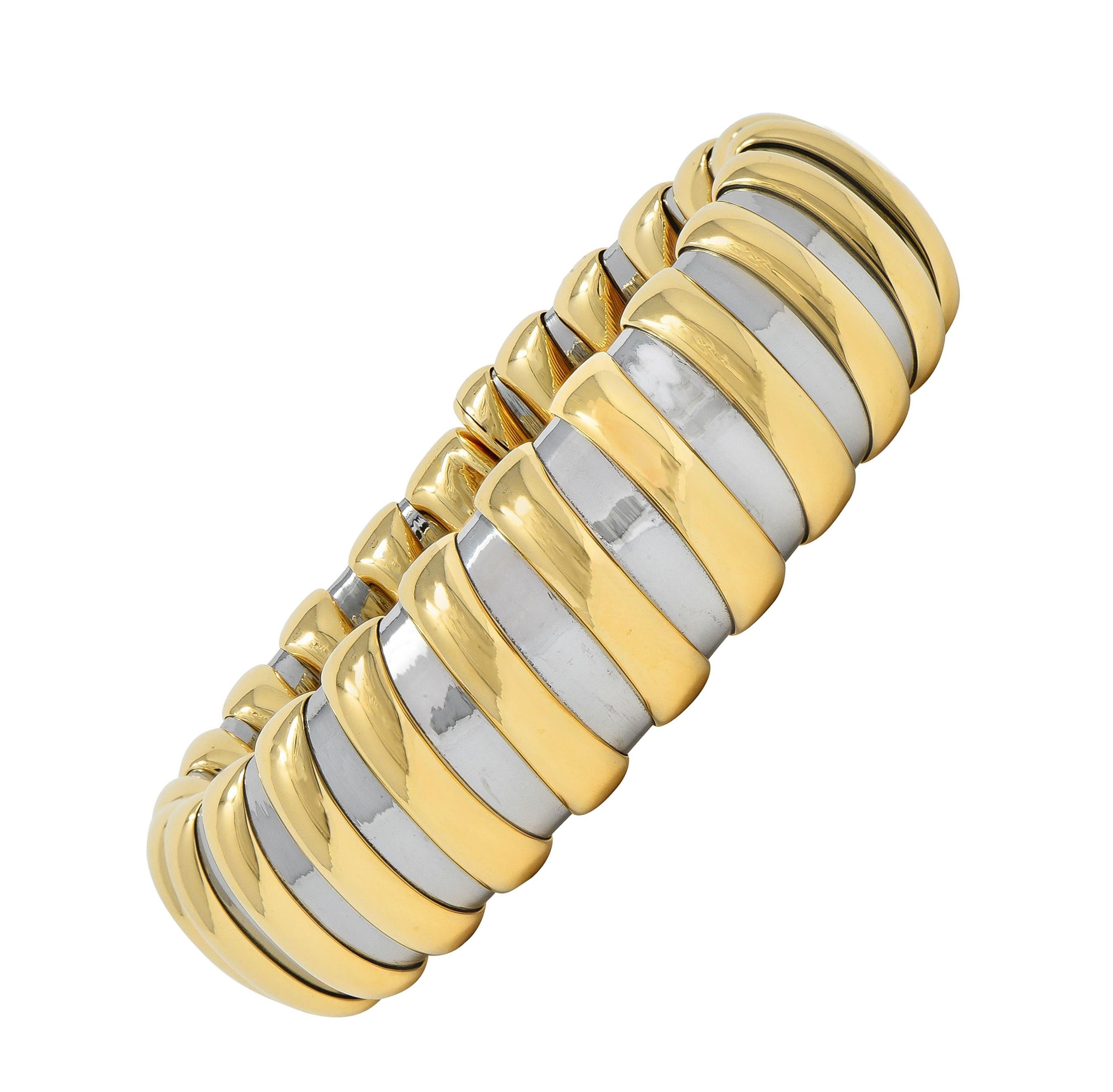 Bulgari 1990s 18 Karat Yellow Gold Stainless Steel Tubogas Vintage Cuff Bracelet