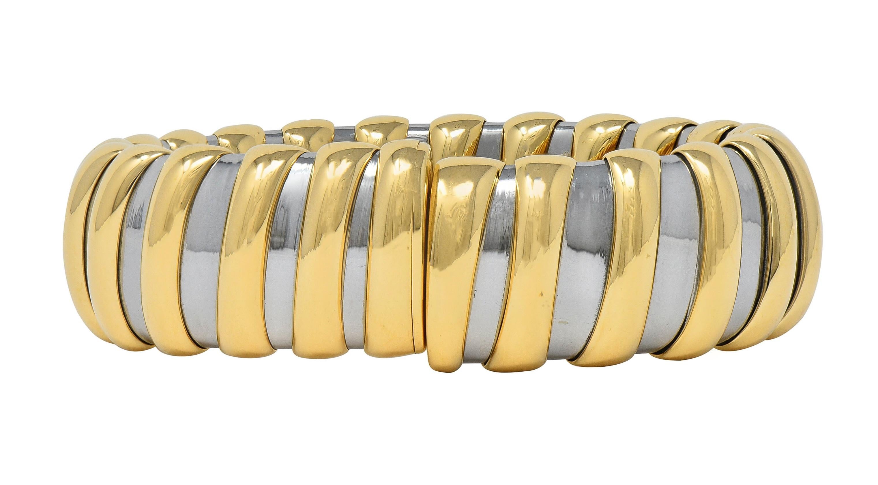 Bulgari 1990s 18 Karat Yellow Gold Stainless Steel Tubogas Vintage Cuff Bracelet
