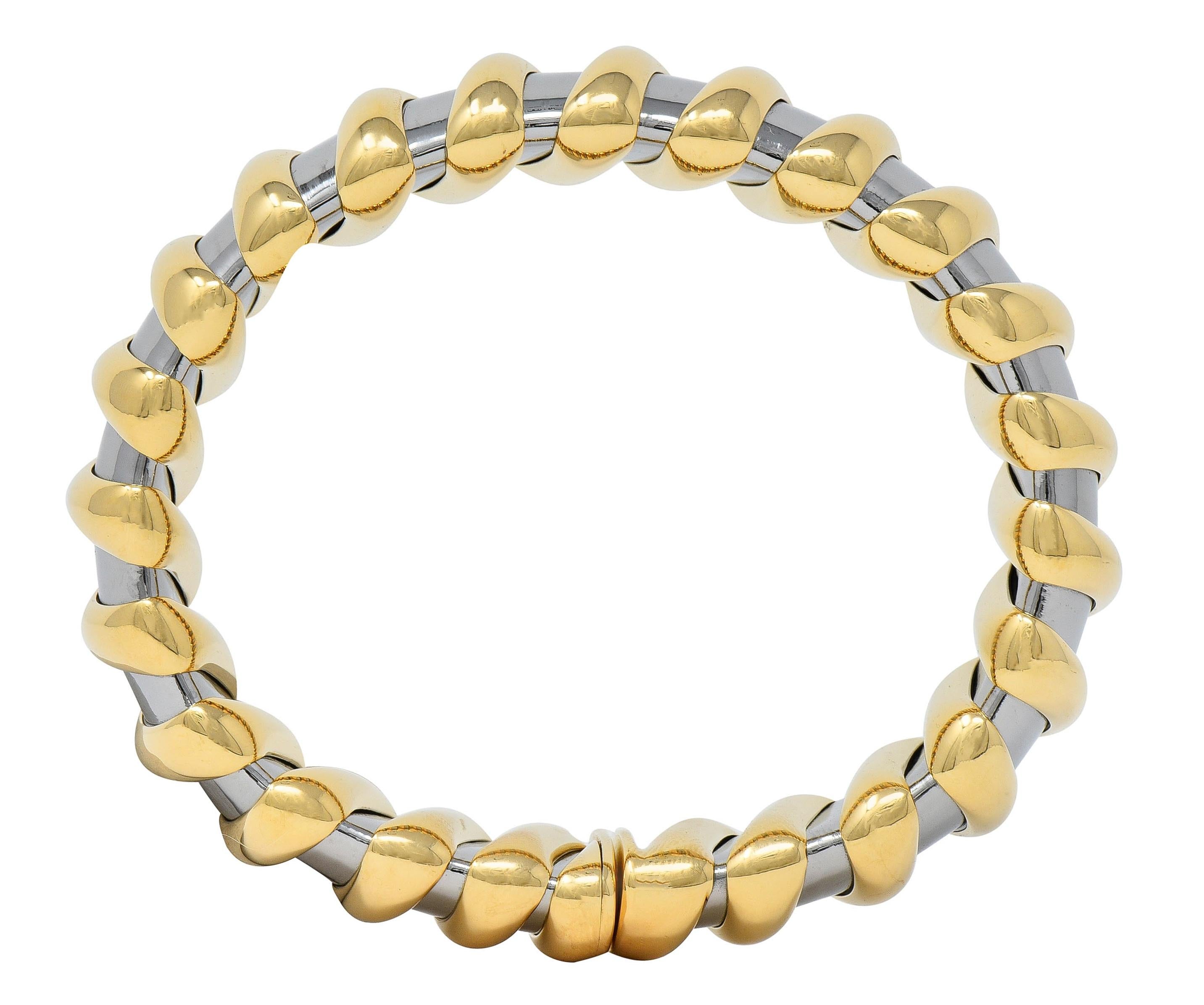Bulgari 1990s 18 Karat Yellow Gold Stainless Steel Tubogas Vintage Cuff Bracelet