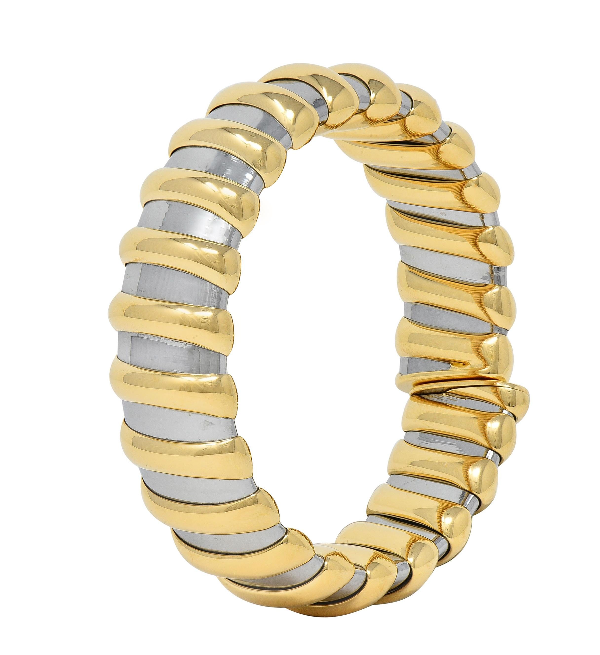 Bulgari 1990s 18 Karat Yellow Gold Stainless Steel Tubogas Vintage Cuff Bracelet