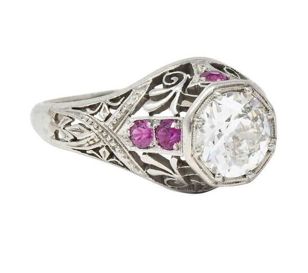 Art Deco 1.36 CTW Diamond Ruby Platinum Octagonal Vintage Engagement Ring