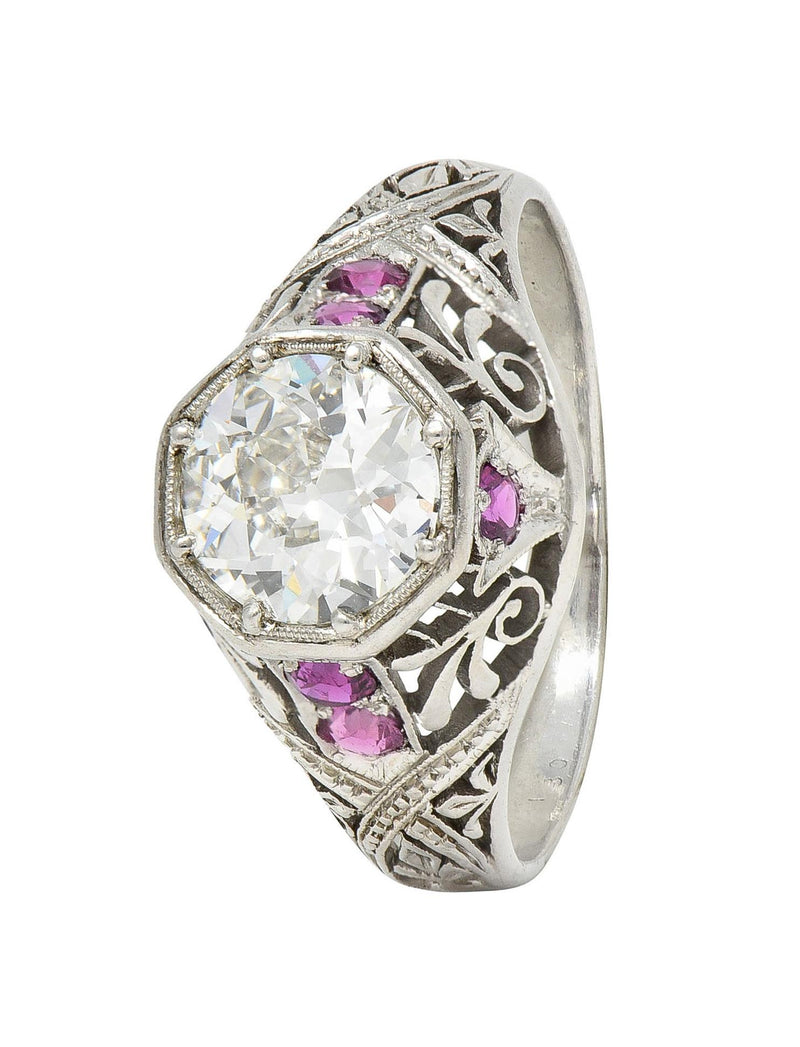 Art Deco 1.36 CTW Diamond Ruby Platinum Octagonal Vintage Engagement Ring
