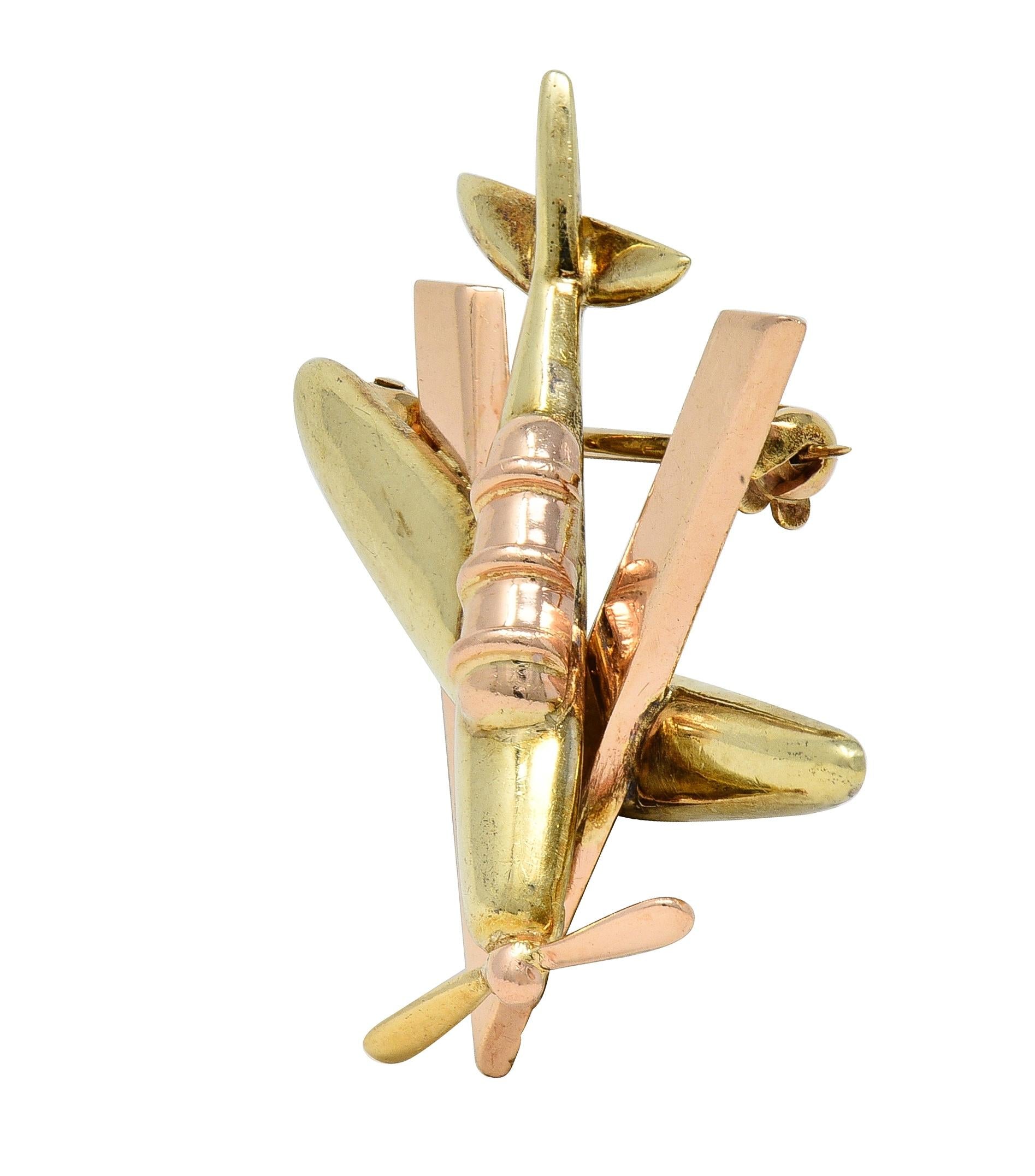 Retro 14 Karat Two-Tone Gold Vintage Sweetheart WW2 Victory Plane Brooch