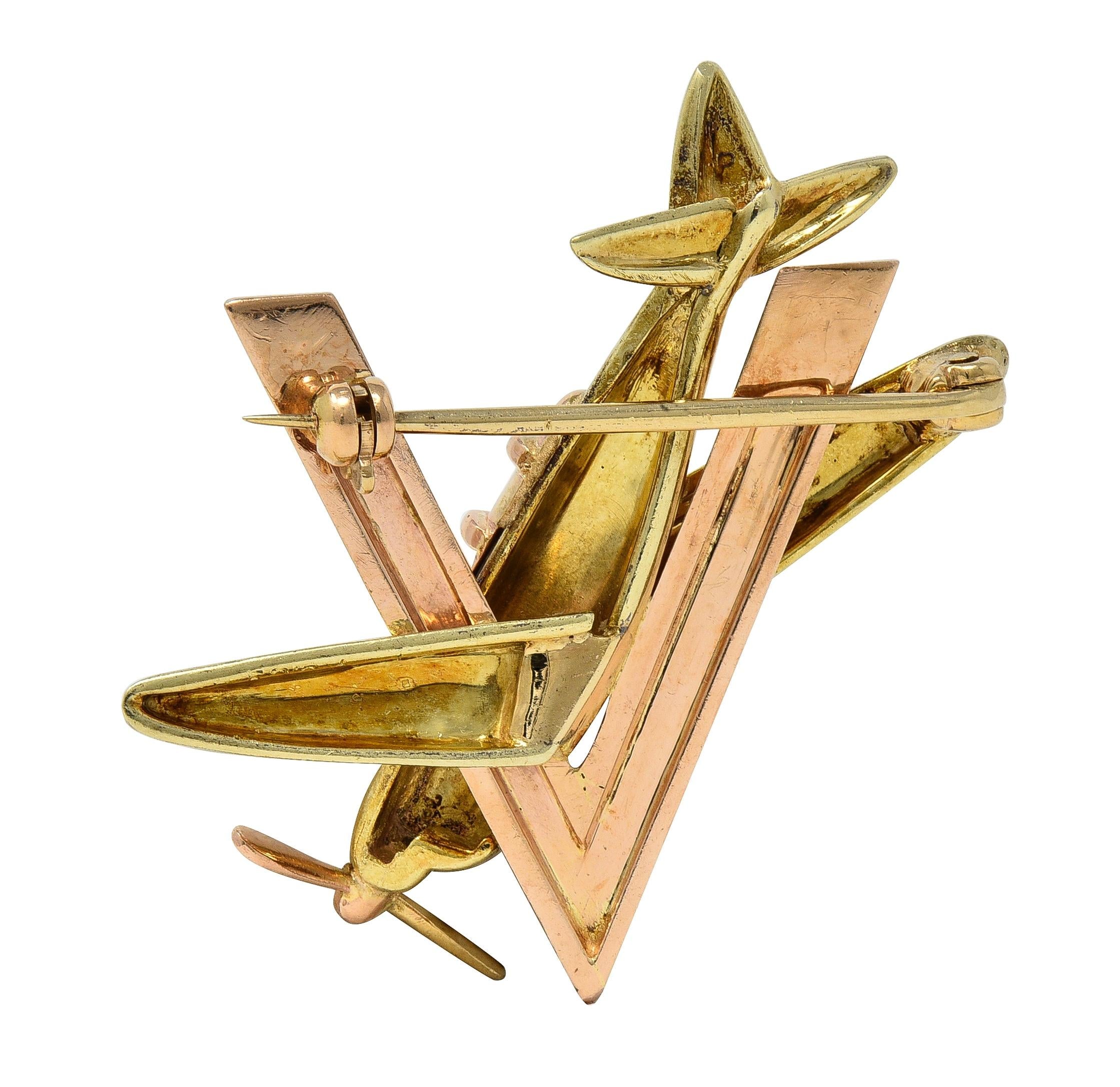 Retro 14 Karat Two-Tone Gold Vintage Sweetheart WW2 Victory Plane Brooch