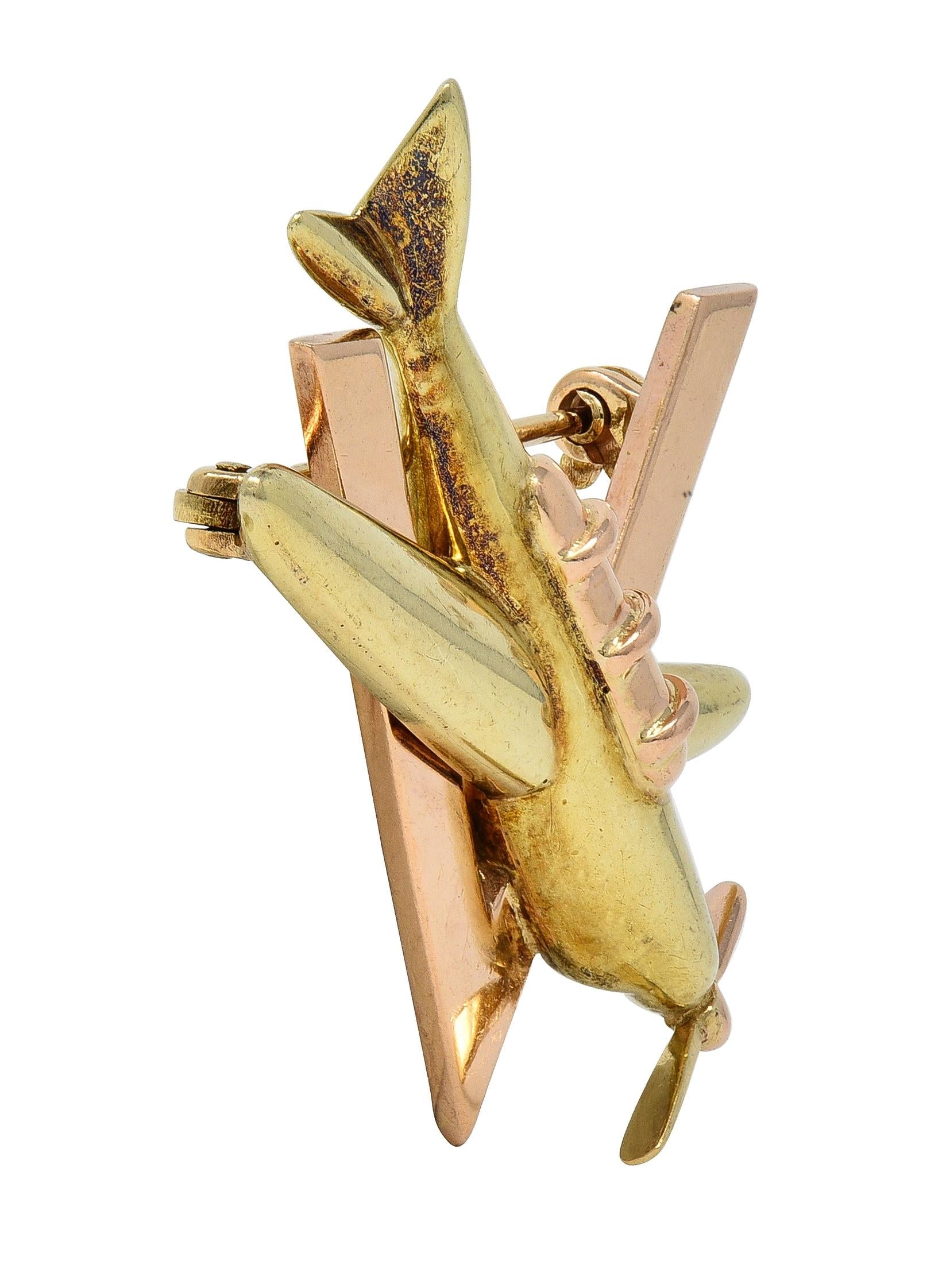 Retro 14 Karat Two-Tone Gold Vintage Sweetheart WW2 Victory Plane Brooch