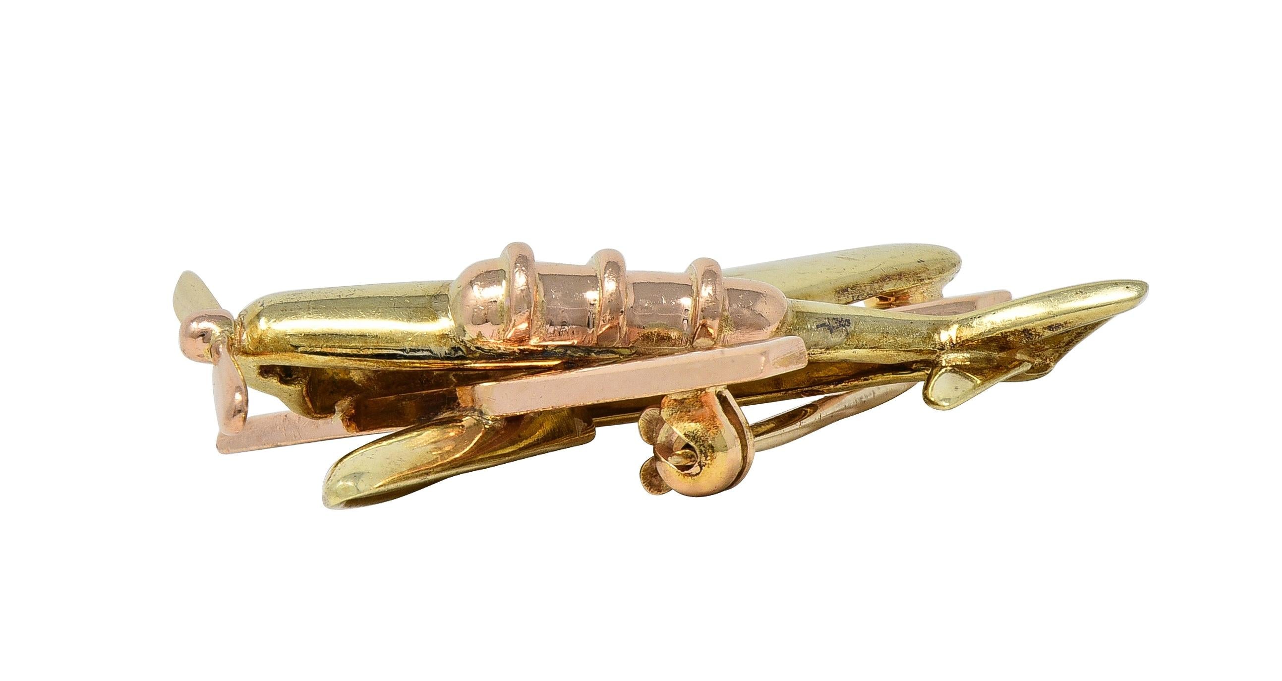 Retro 14 Karat Two-Tone Gold Vintage Sweetheart WW2 Victory Plane Brooch