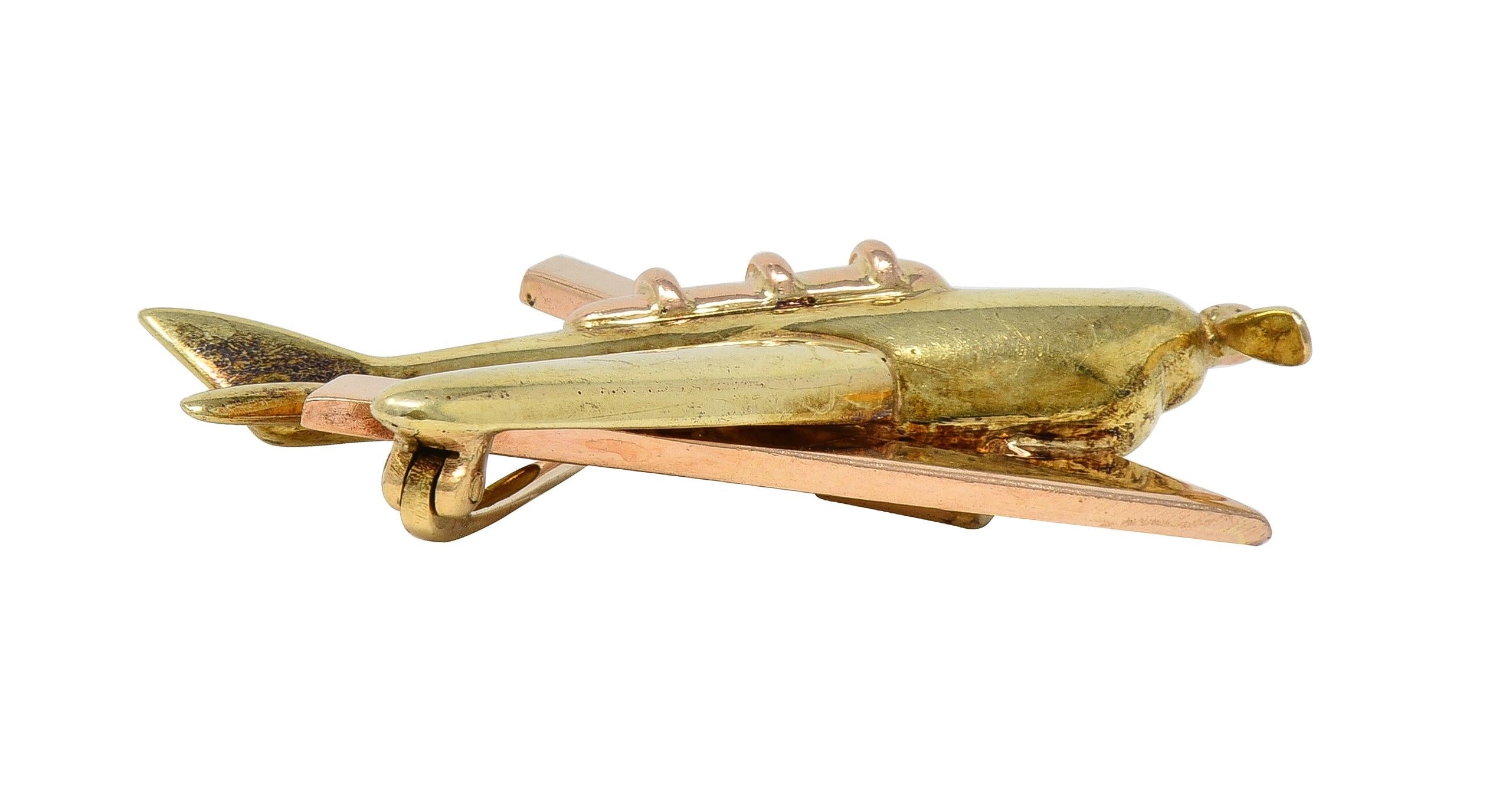 Retro 14 Karat Two-Tone Gold Vintage Sweetheart WW2 Victory Plane Brooch