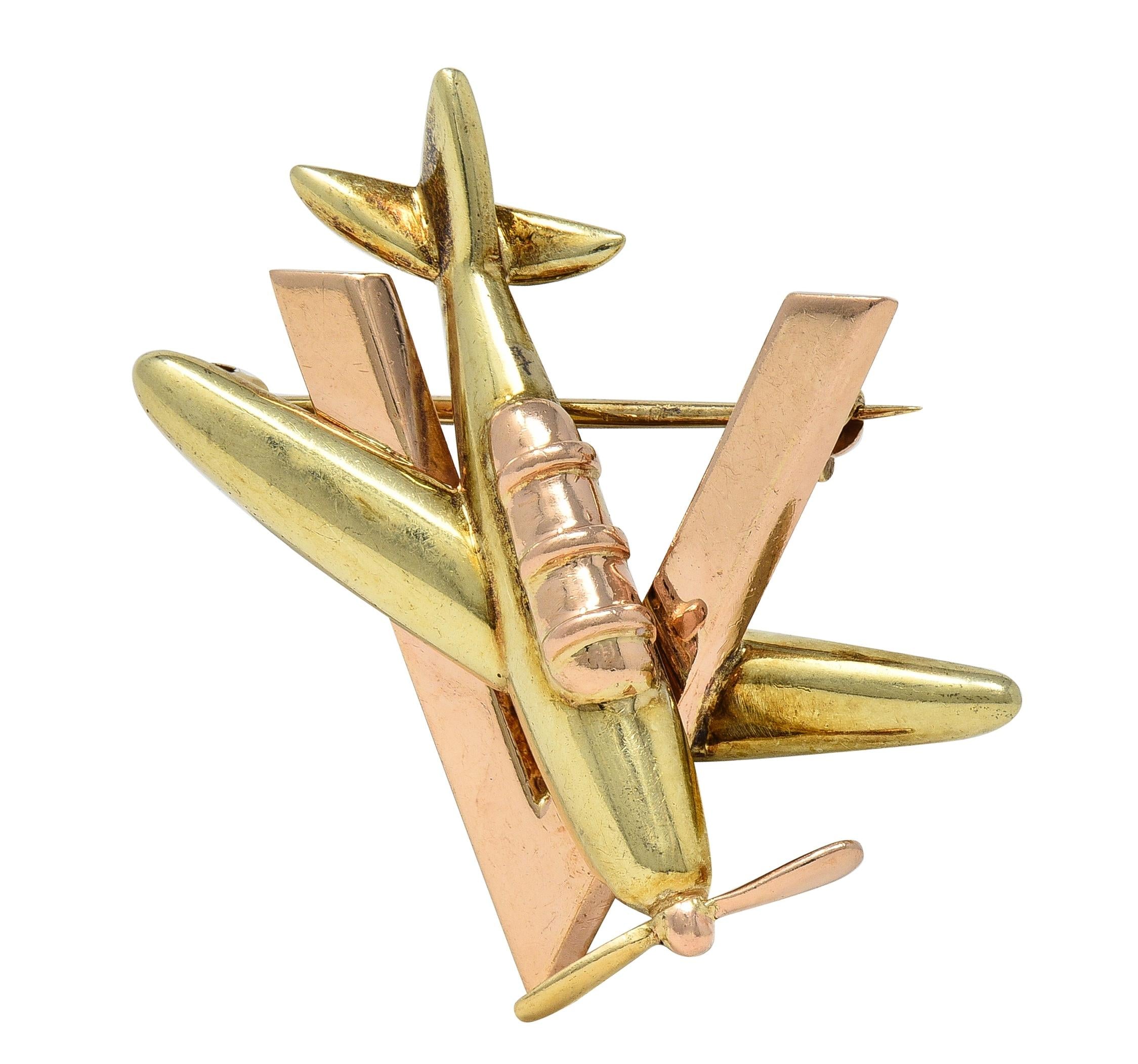 Retro 14 Karat Two-Tone Gold Vintage Sweetheart WW2 Victory Plane Brooch