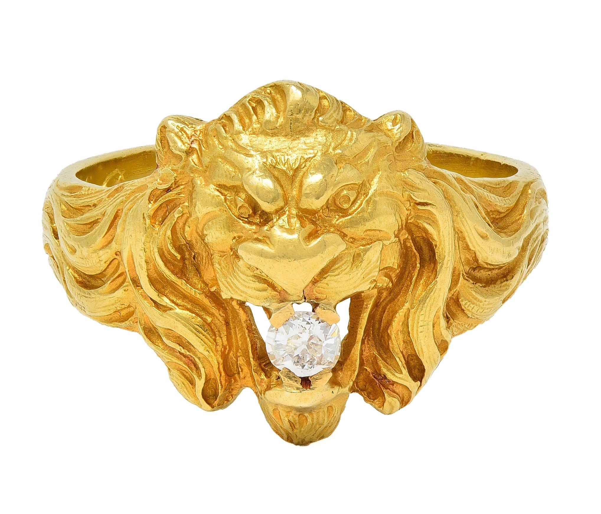 Art Nouveau French 1924 Diamond 18 Karat Yellow Gold Antique Lion Ring