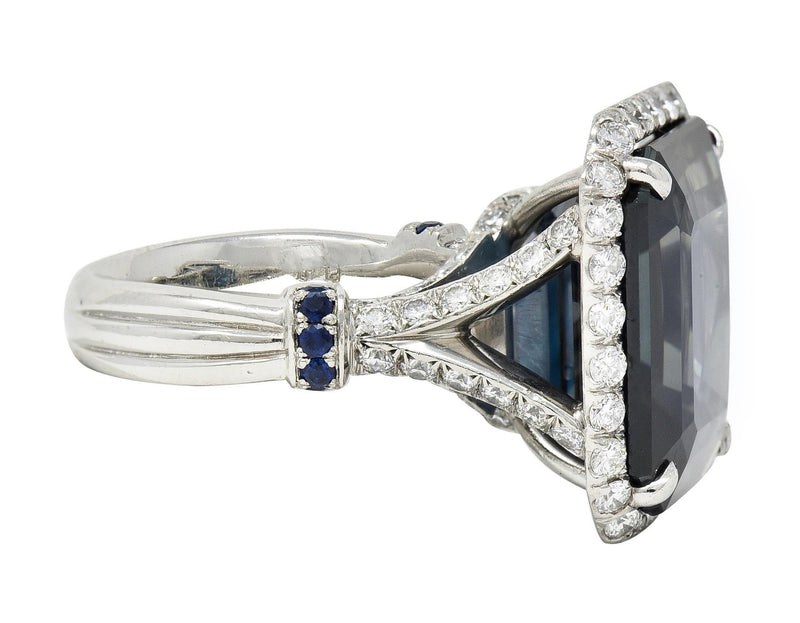 Contemporary 20.95 CTW Emerald Cut Sapphire Diamond Platinum Halo Ring AGL
