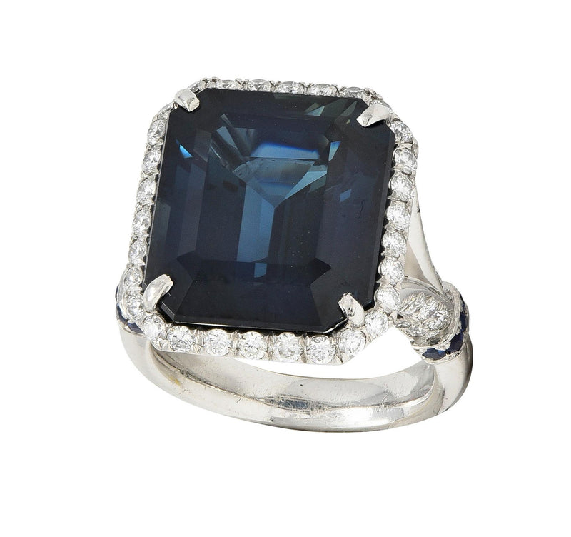Contemporary 20.95 CTW Emerald Cut Sapphire Diamond Platinum Halo Ring AGL