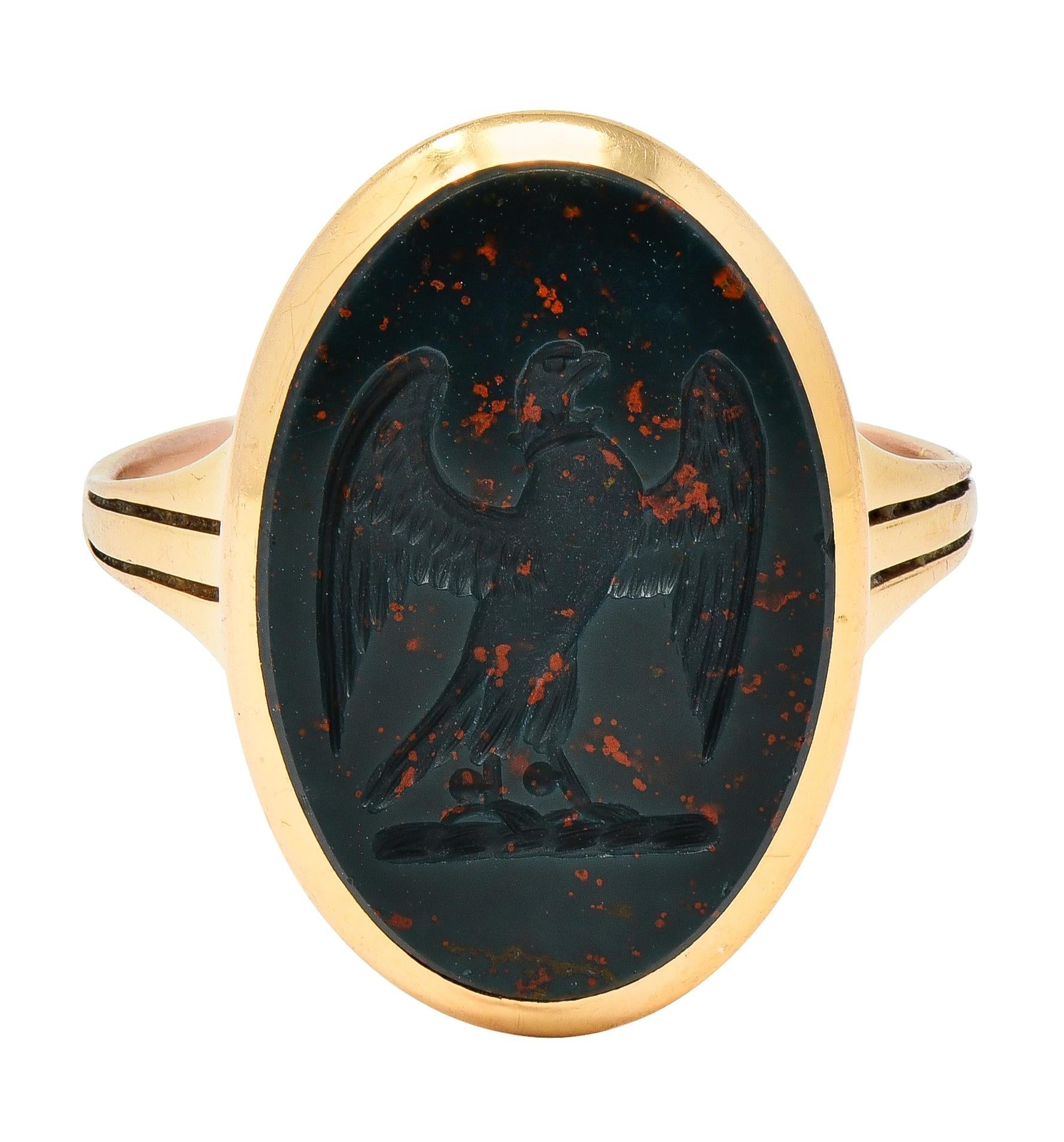 Edwardian Bloodstone 18K Yellow Gold Antique Carved Eagle Intaglio Signet Ring