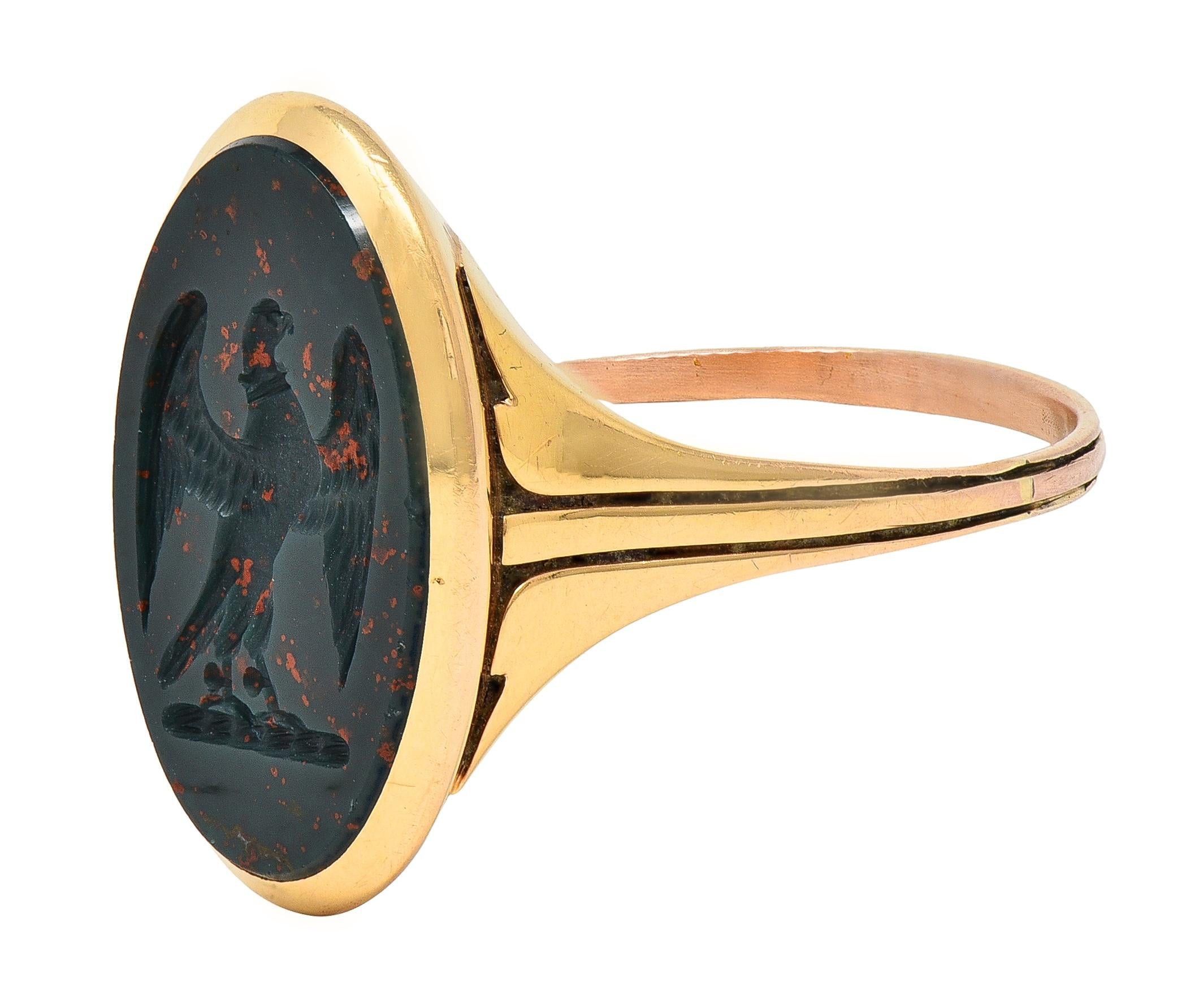 Edwardian Bloodstone 18K Yellow Gold Antique Carved Eagle Intaglio Signet Ring