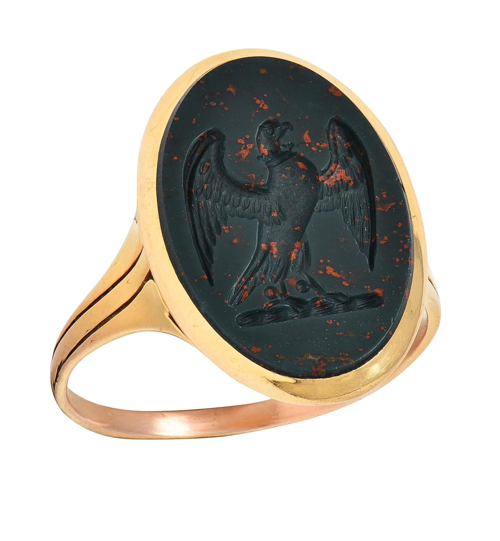 Edwardian Bloodstone 18K Yellow Gold Antique Carved Eagle Intaglio Signet Ring